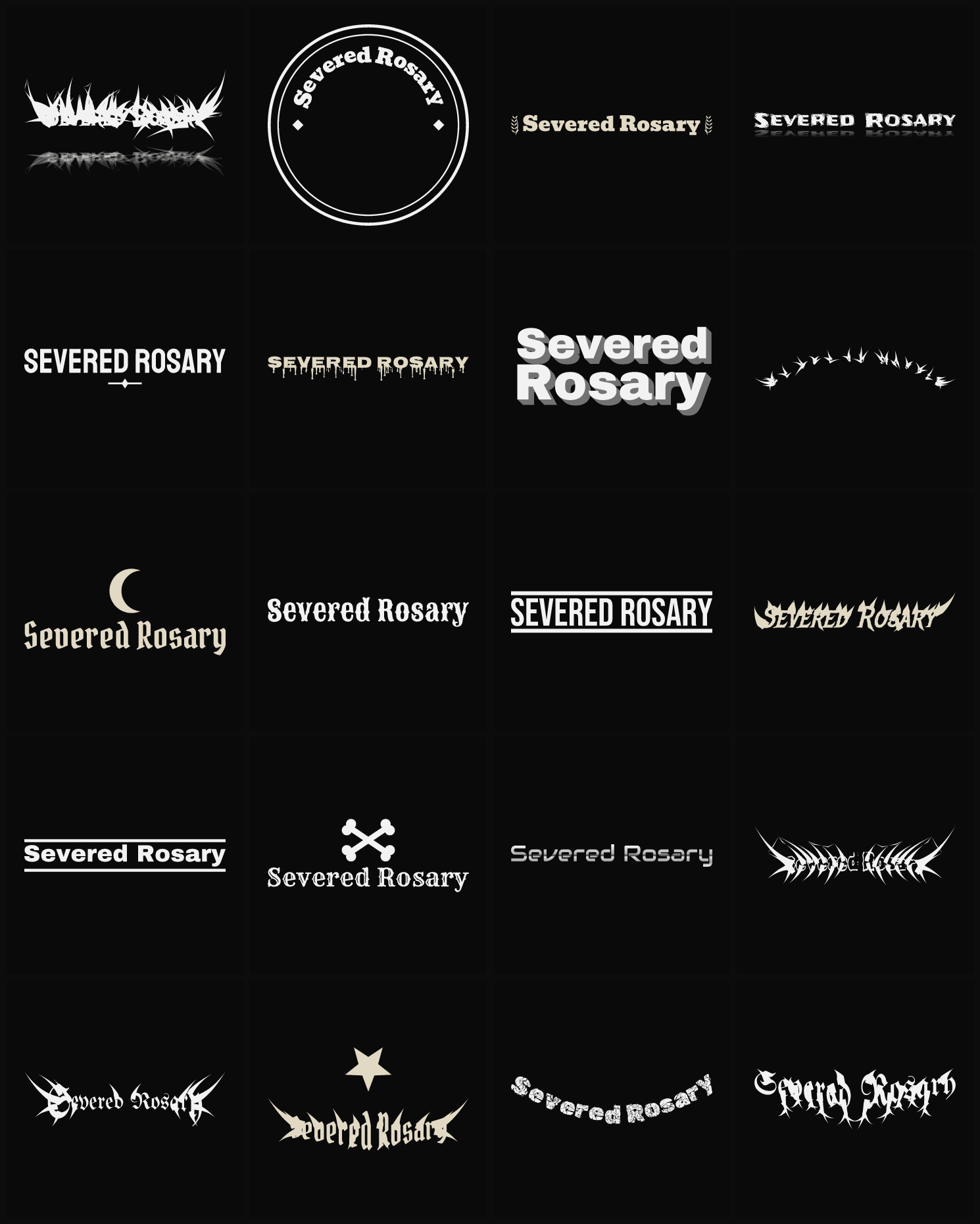 Twenty Severed Rosary band logo ideas — different faces, treatments and spike settings