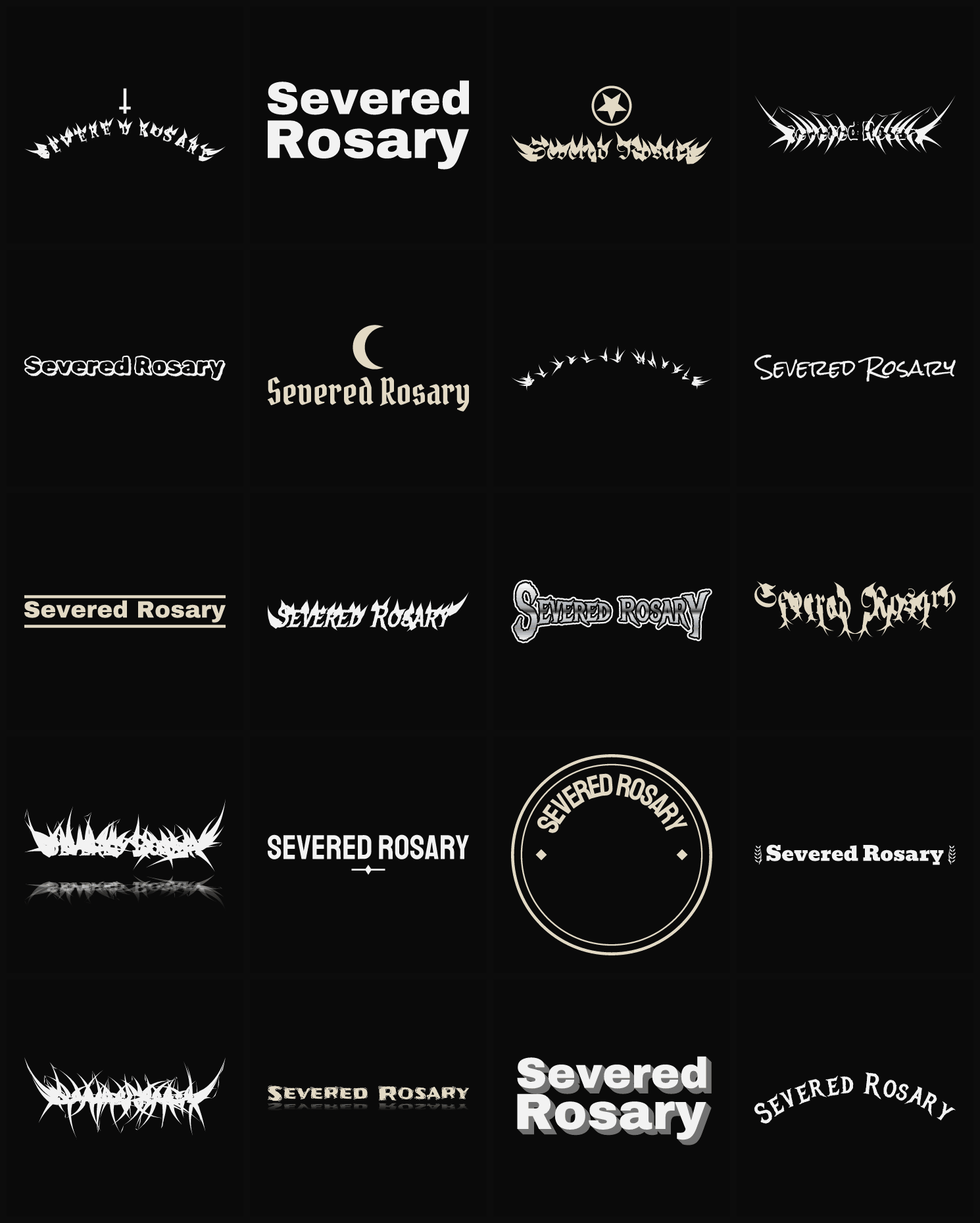 Twenty Severed Rosary band logo ideas — different faces, treatments and spike settings