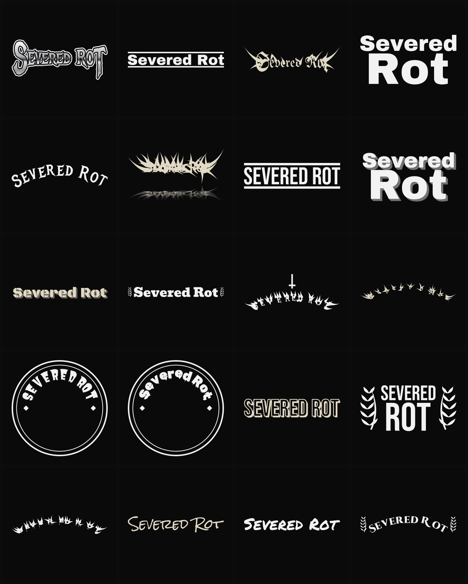 Twenty Severed Rot band logo ideas — different faces, treatments and spike settings