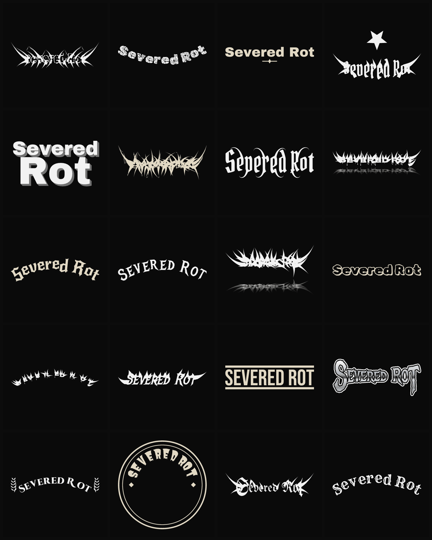 Twenty Severed Rot band logo ideas — different faces, treatments and spike settings