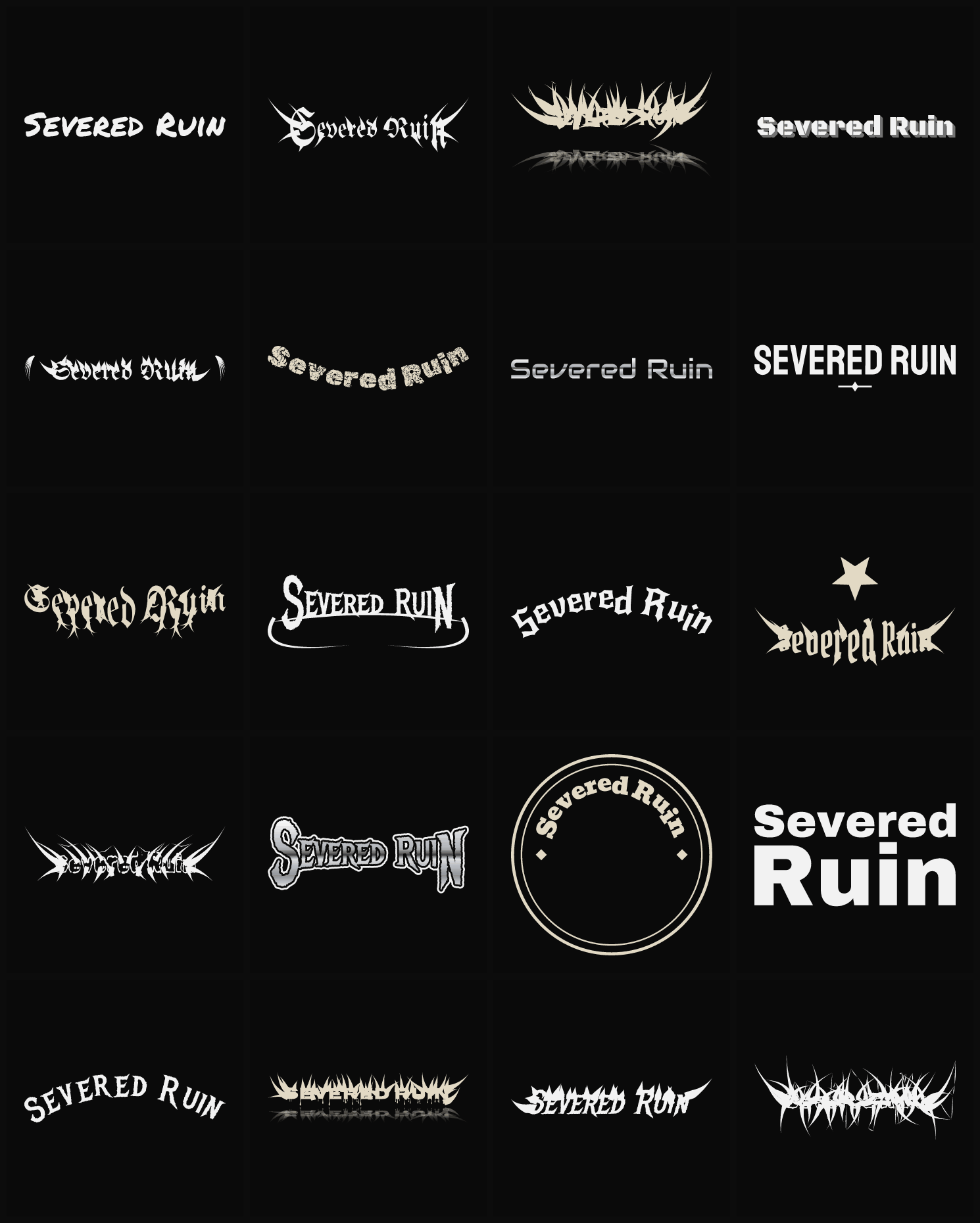 Twenty Severed Ruin band logo ideas — different faces, treatments and spike settings