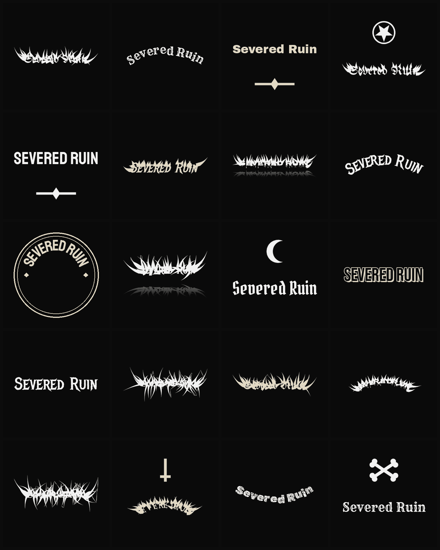 Twenty Severed Ruin band logo ideas — different faces, treatments and spike settings