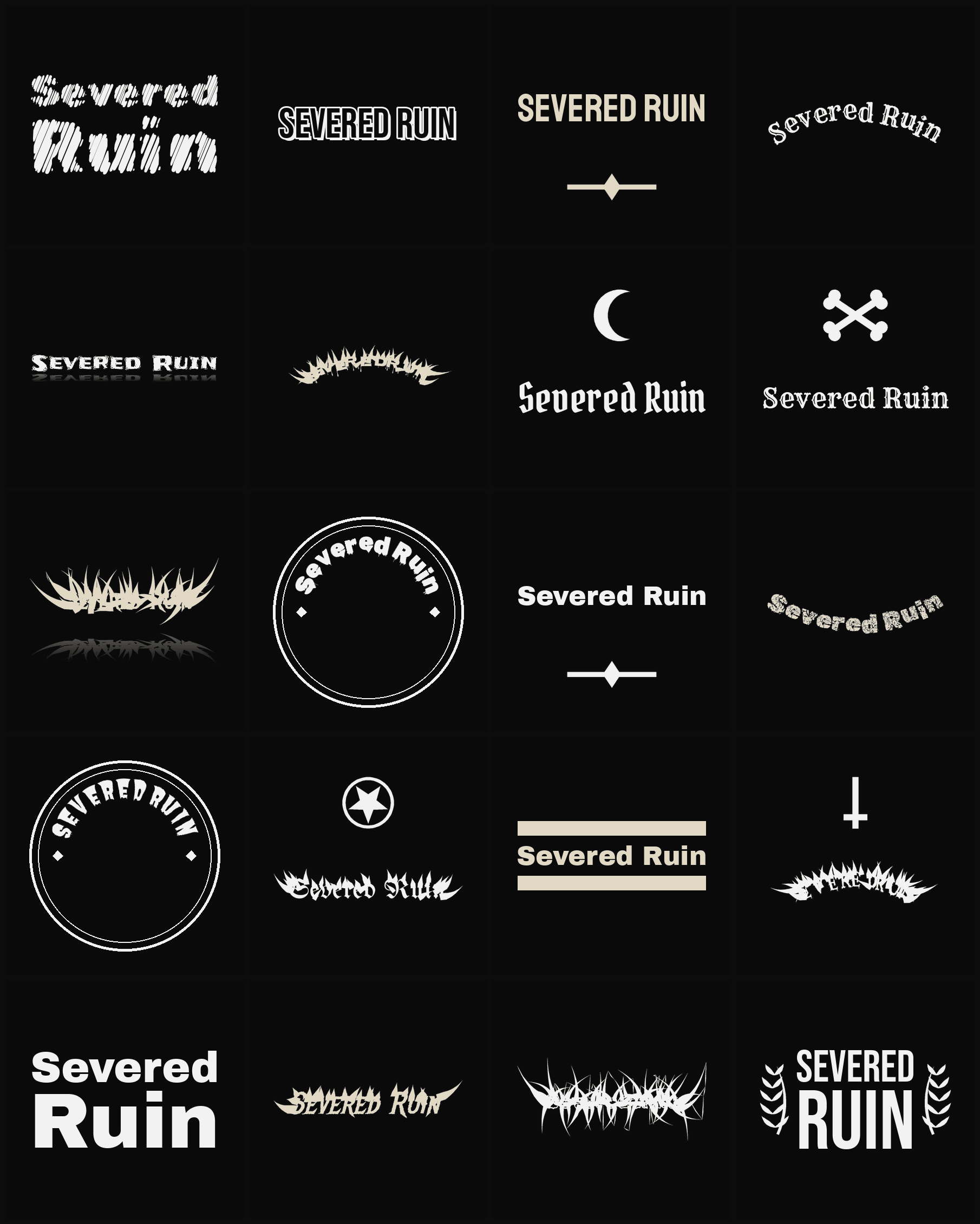 Twenty Severed Ruin band logo ideas — different faces, treatments and spike settings