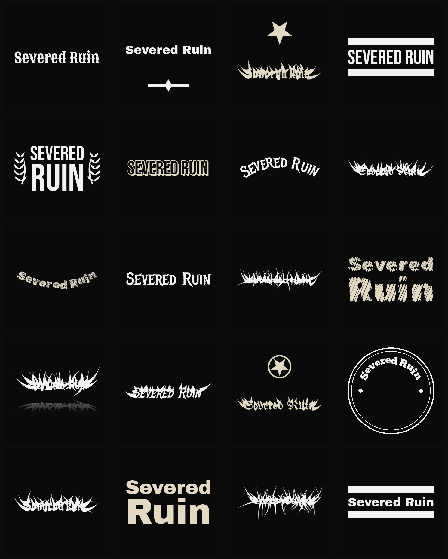 Twenty Severed Ruin band logo ideas — different faces, treatments and spike settings