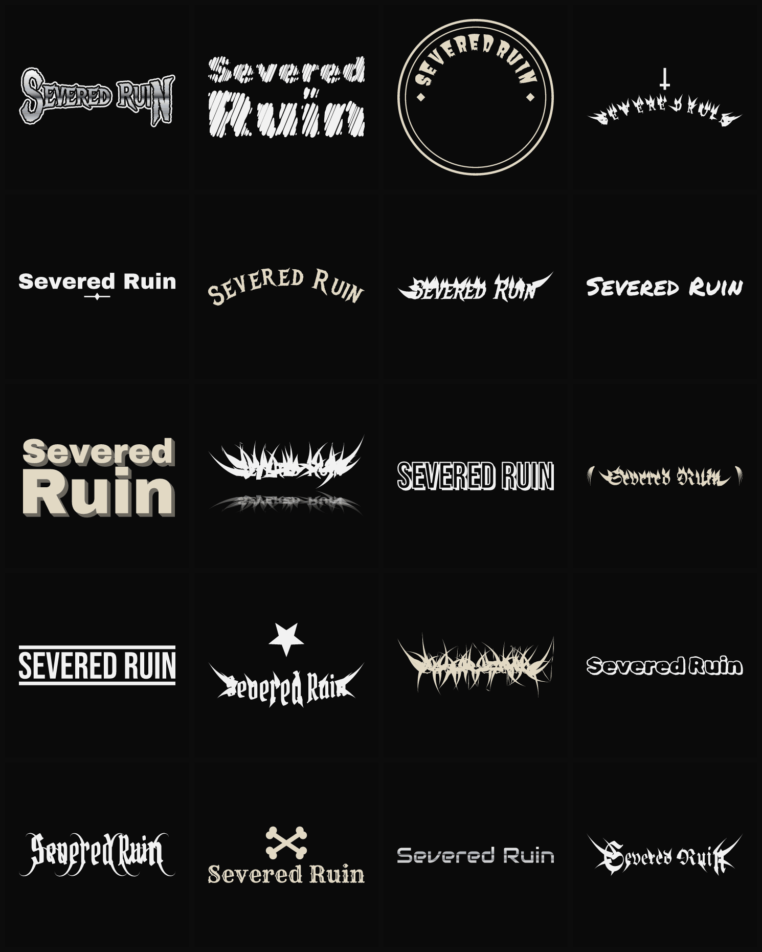 Twenty Severed Ruin band logo ideas — different faces, treatments and spike settings