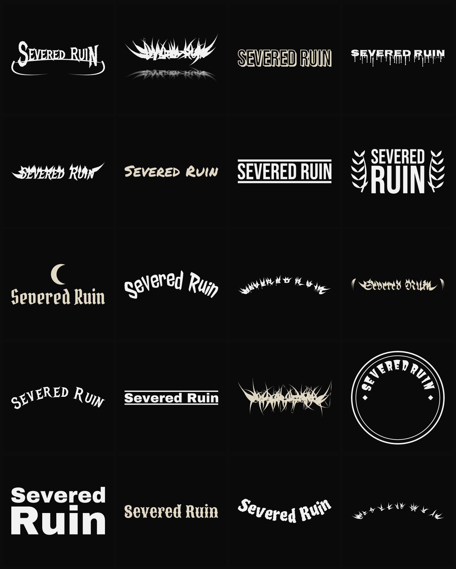 Twenty Severed Ruin band logo ideas — different faces, treatments and spike settings