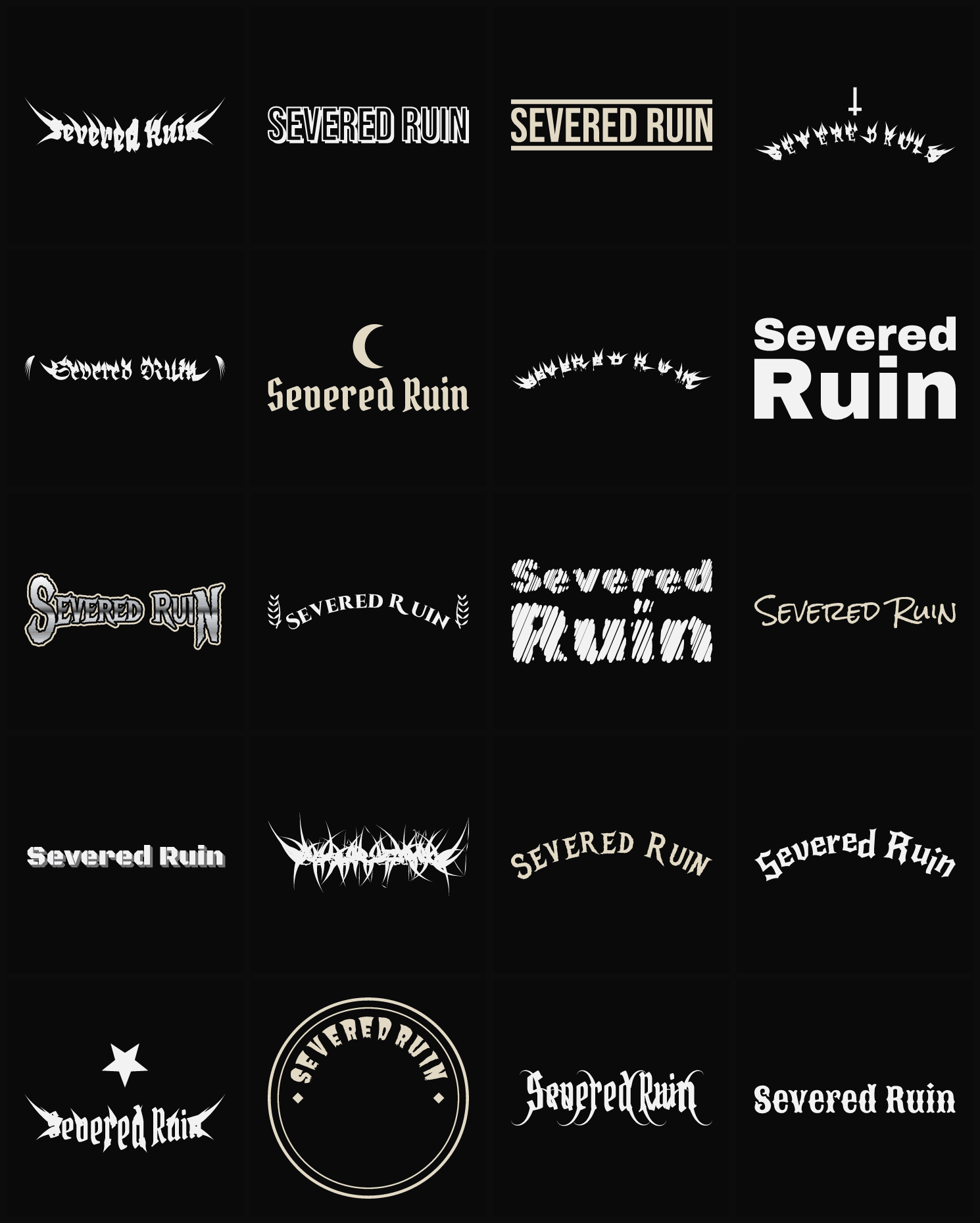 Twenty Severed Ruin band logo ideas — different faces, treatments and spike settings