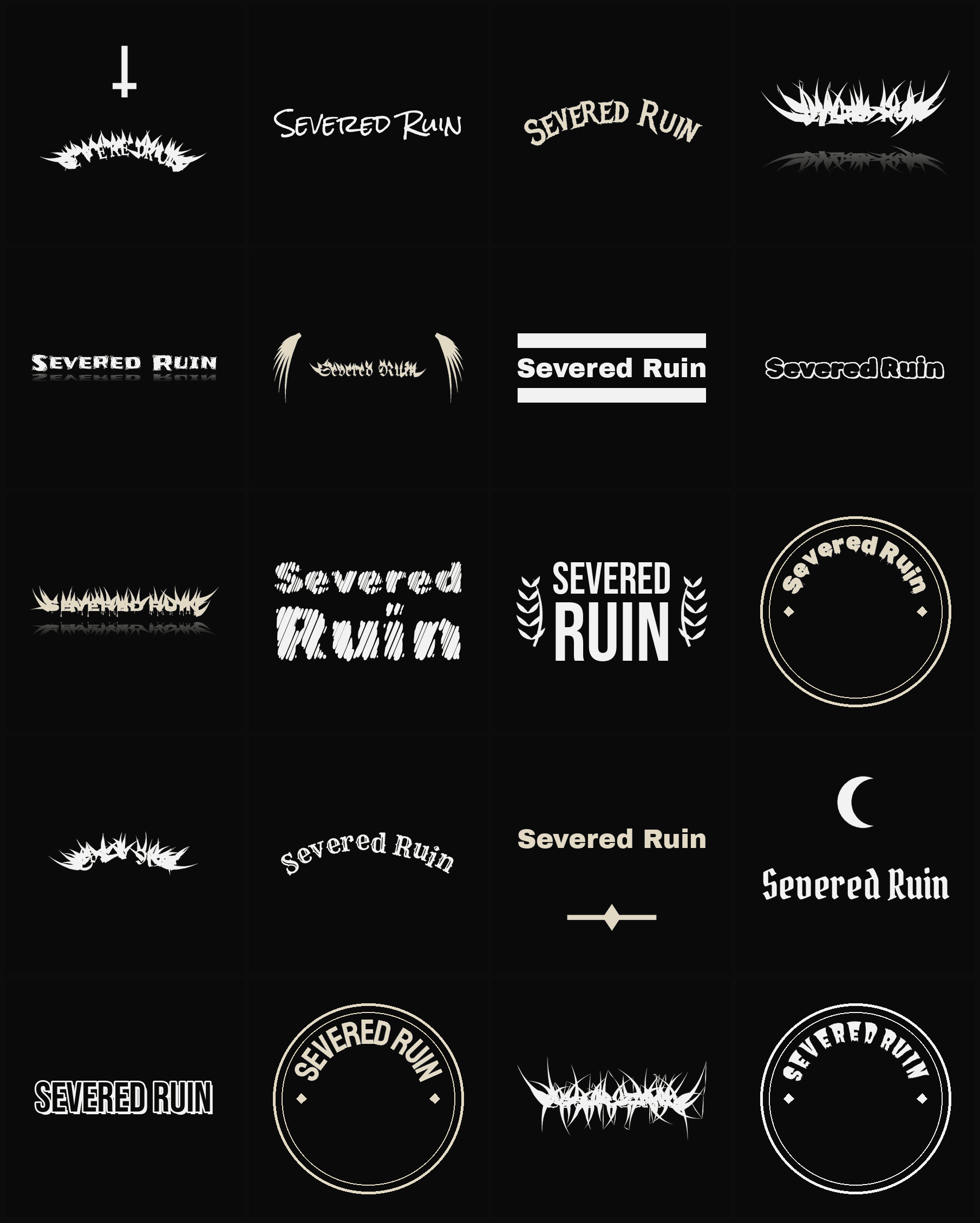 Twenty Severed Ruin band logo ideas — different faces, treatments and spike settings