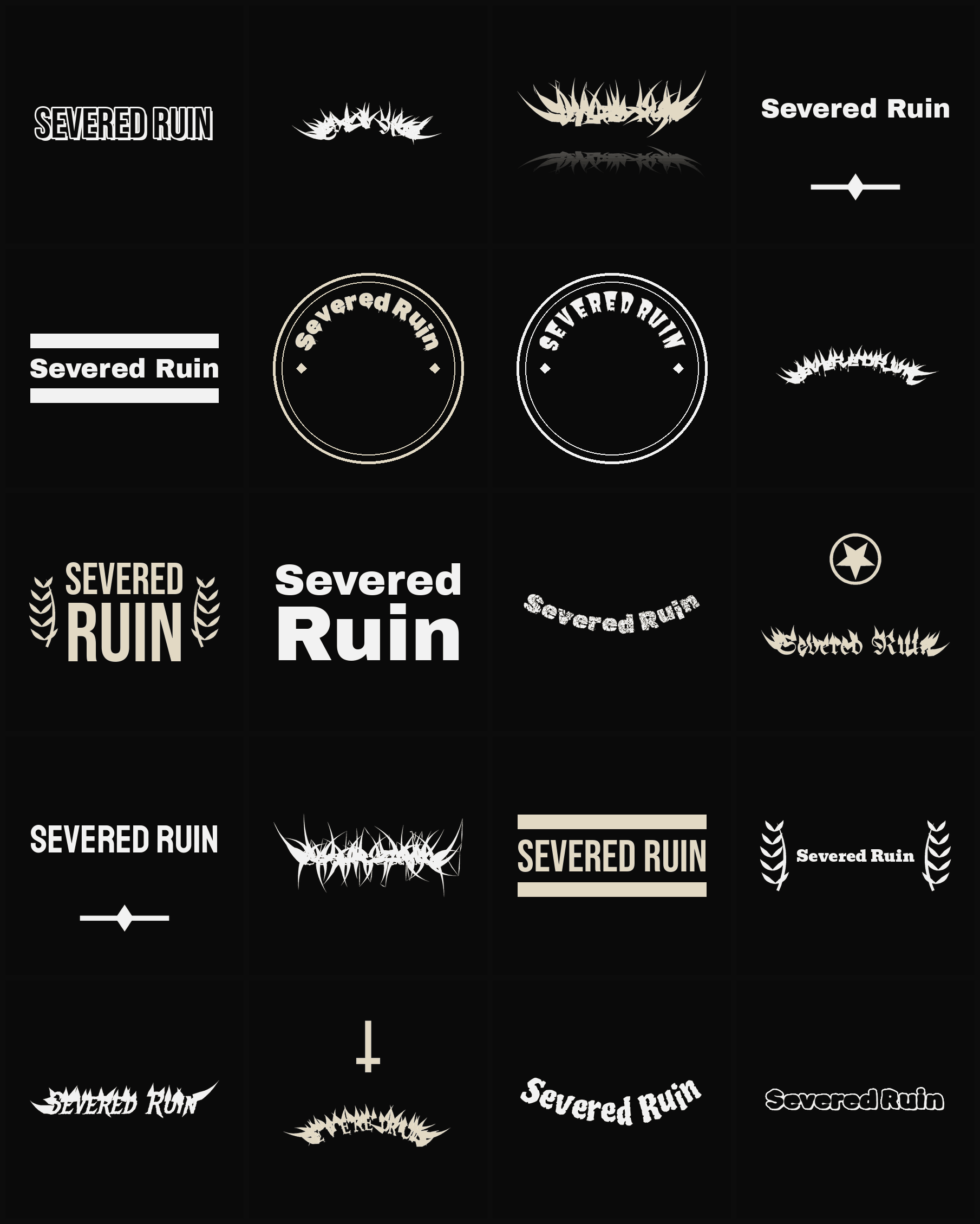 Twenty Severed Ruin band logo ideas — different faces, treatments and spike settings