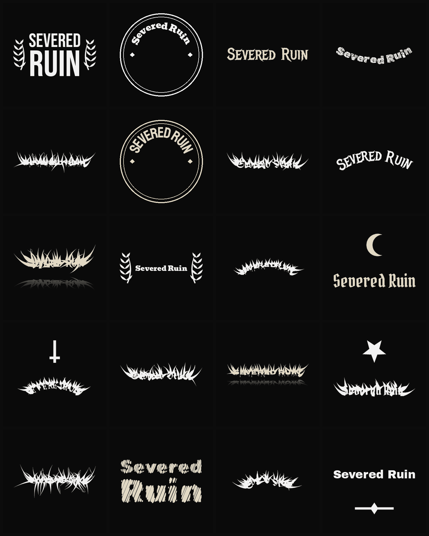 Twenty Severed Ruin band logo ideas — different faces, treatments and spike settings