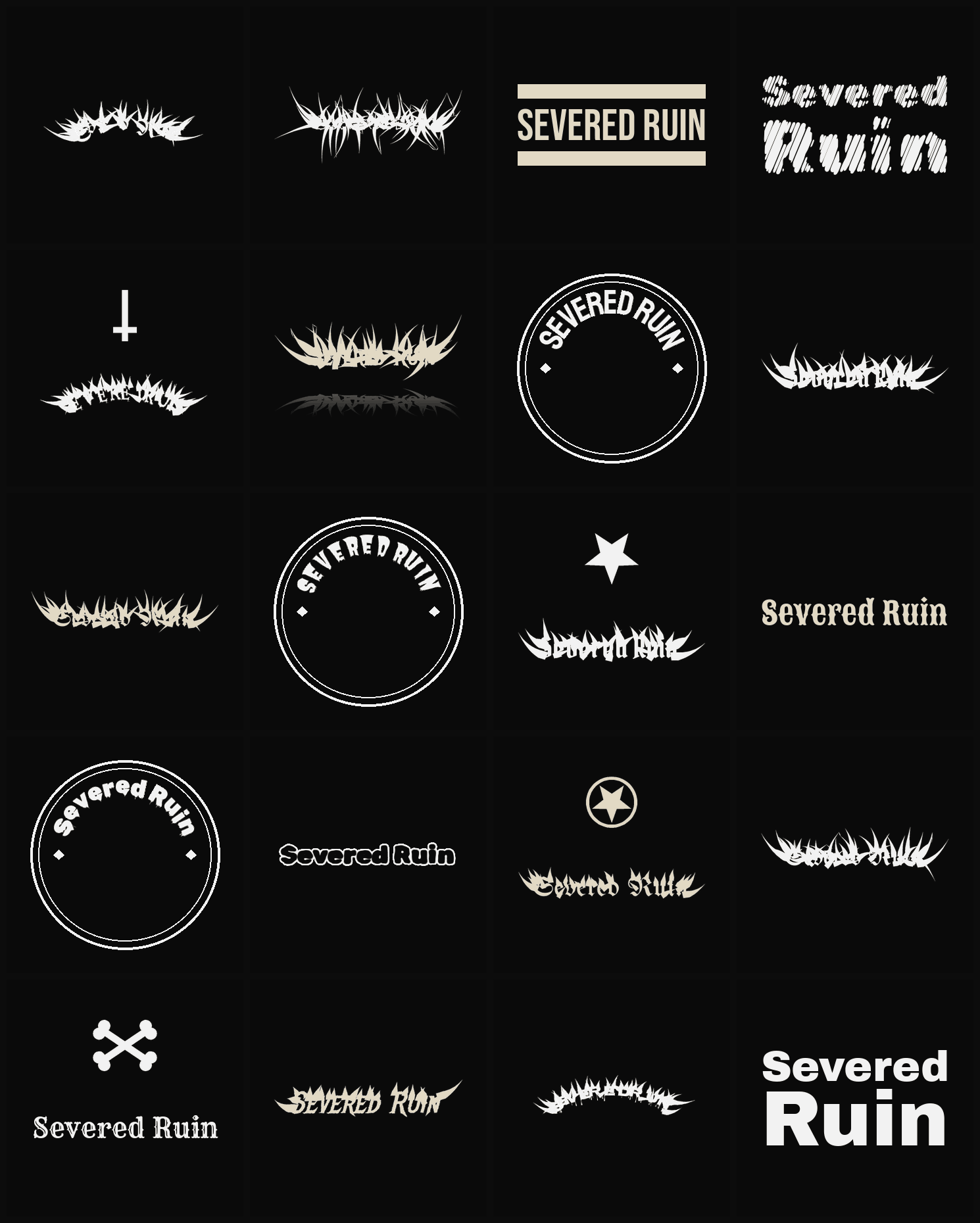 Twenty Severed Ruin band logo ideas — different faces, treatments and spike settings