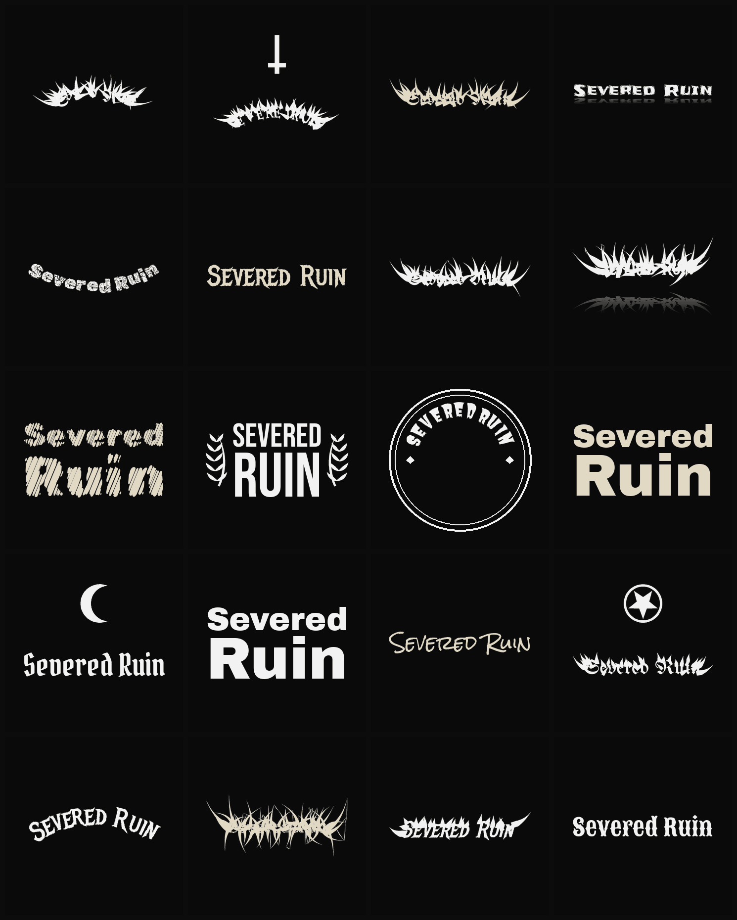 Twenty Severed Ruin band logo ideas — different faces, treatments and spike settings
