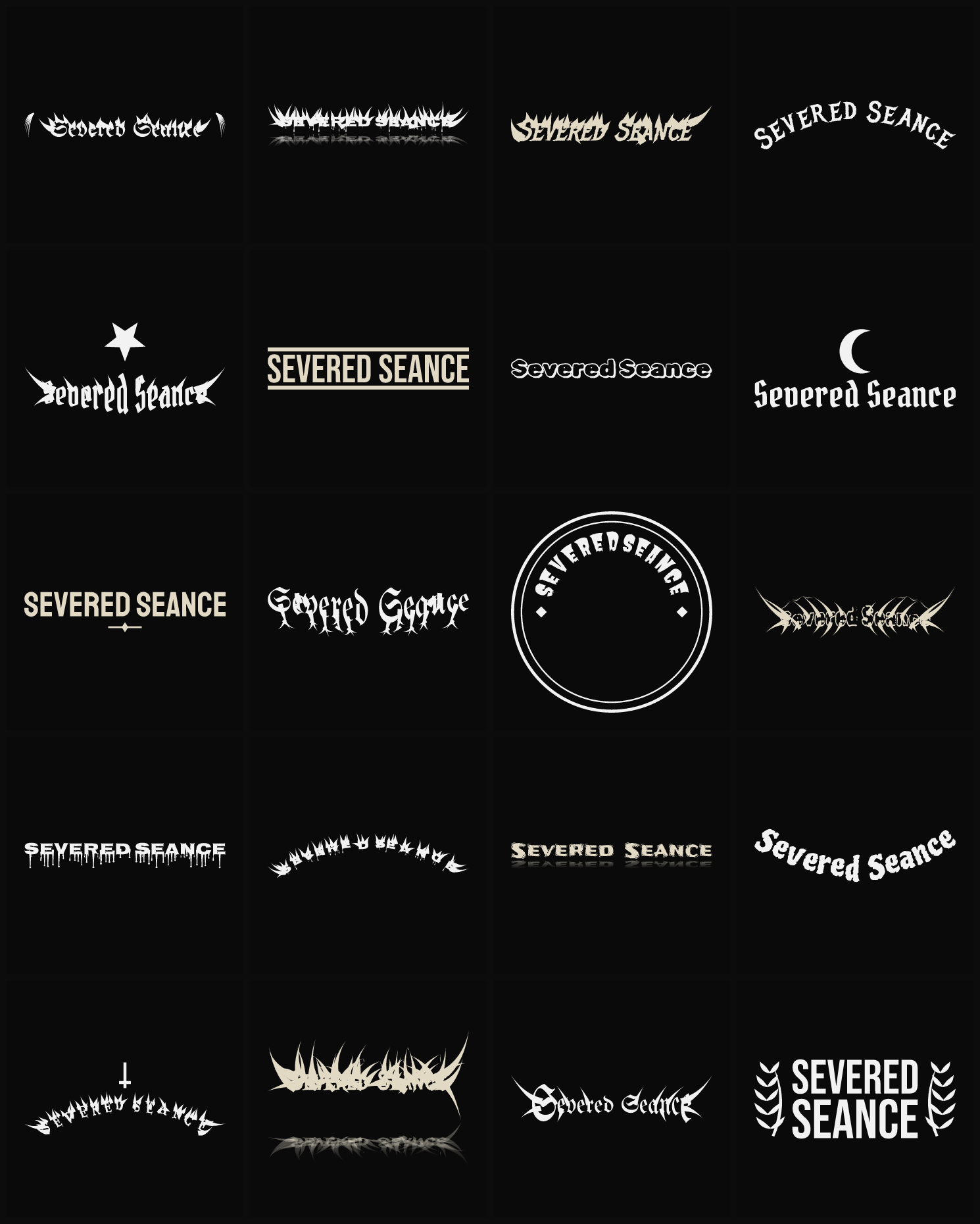 Twenty Severed Seance band logo ideas — different faces, treatments and spike settings