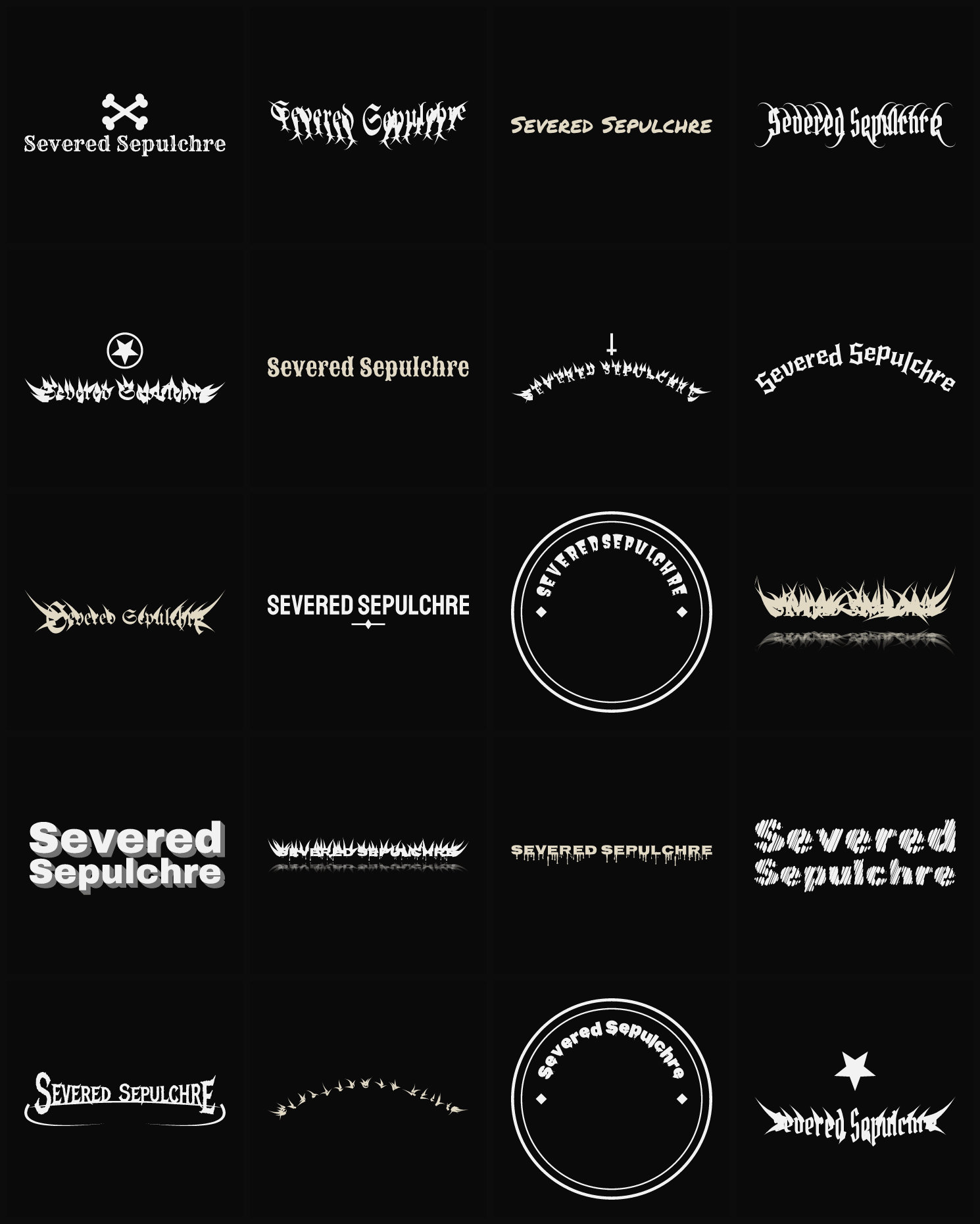 Twenty Severed Sepulchre band logo ideas — different faces, treatments and spike settings