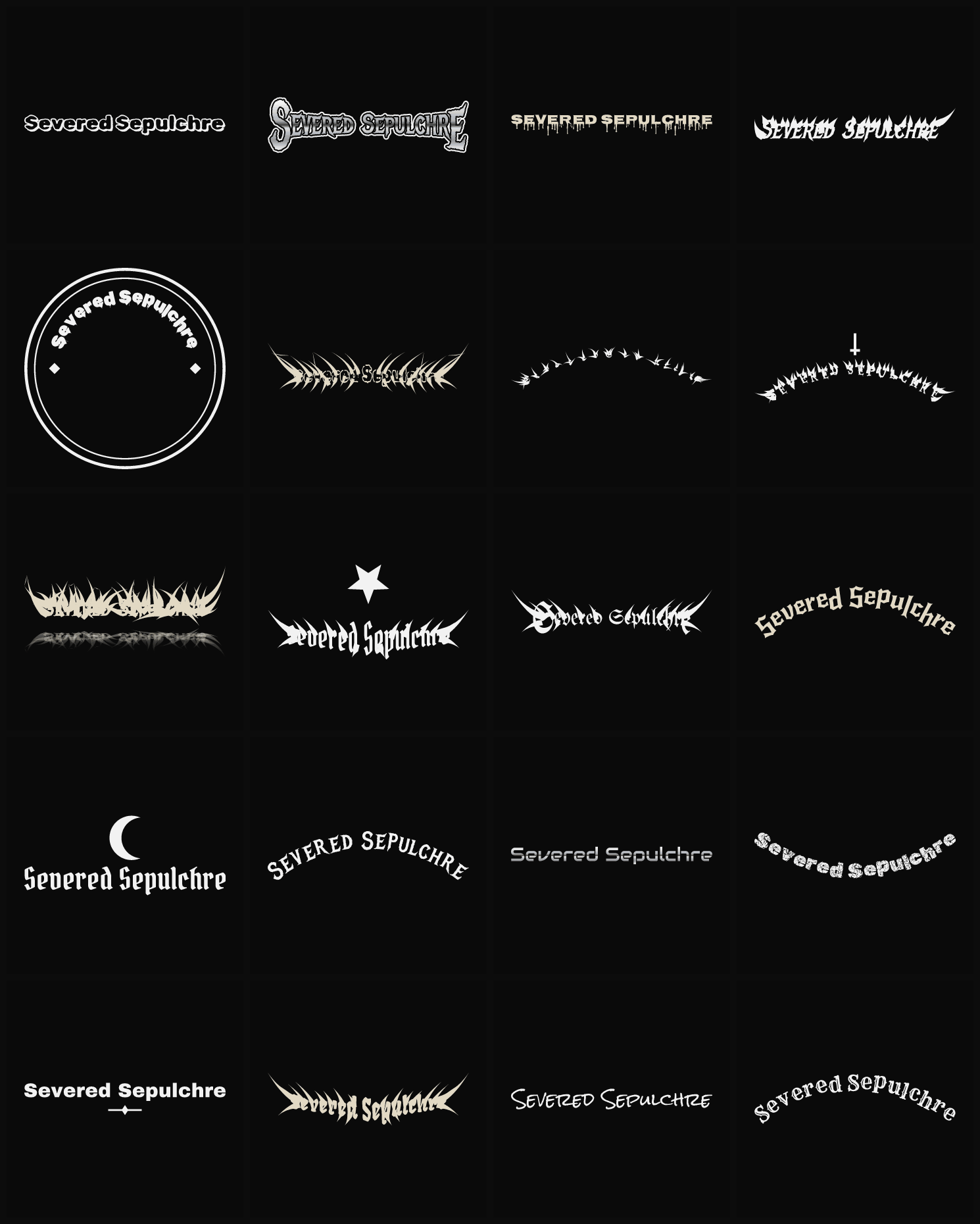 Twenty Severed Sepulchre band logo ideas — different faces, treatments and spike settings