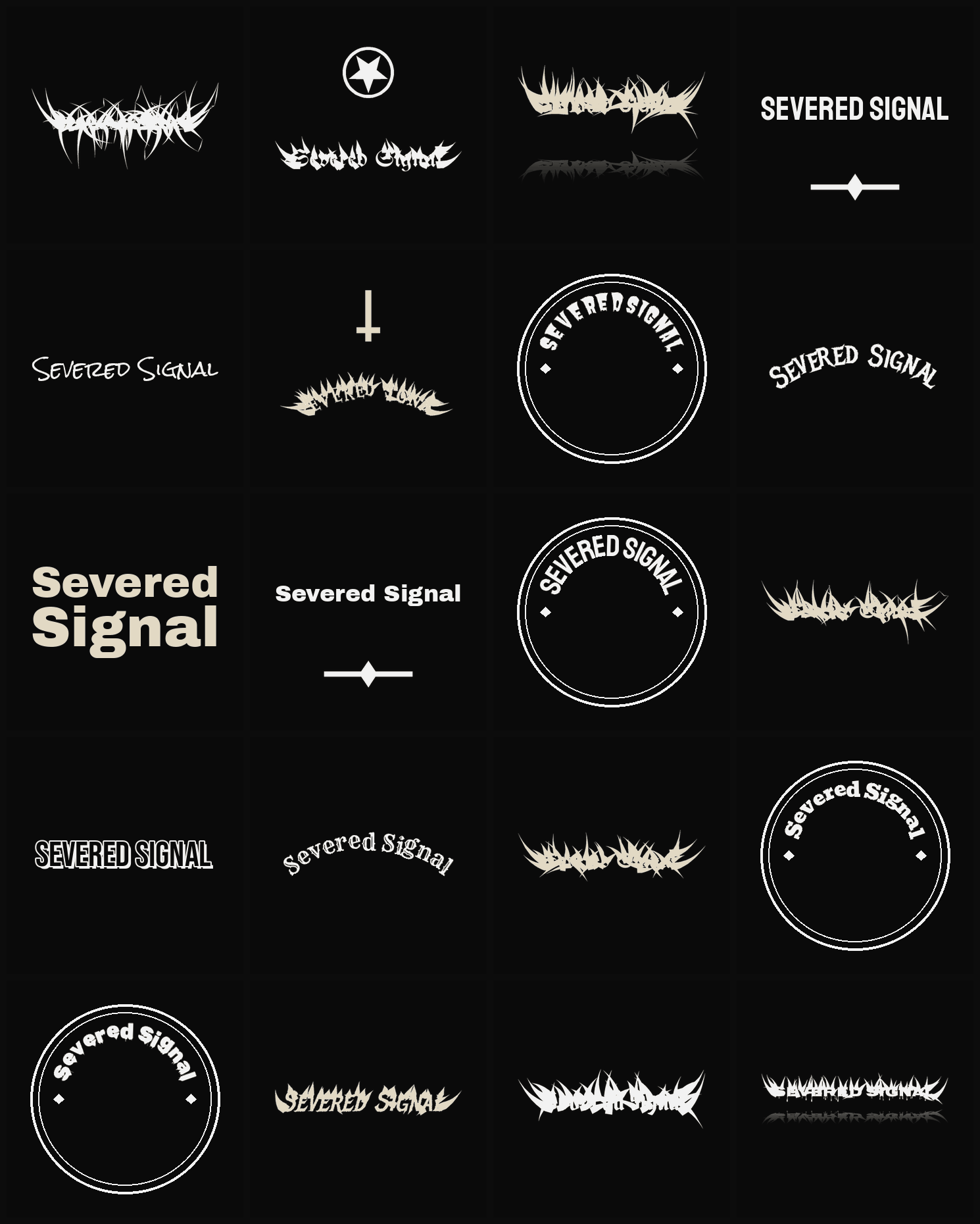 Twenty Severed Signal band logo ideas — different faces, treatments and spike settings