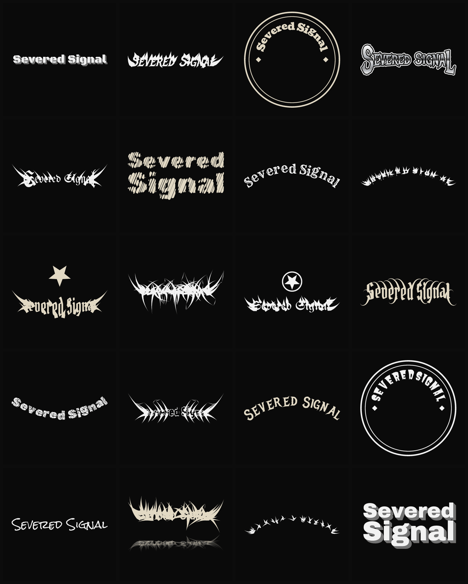 Twenty Severed Signal band logo ideas — different faces, treatments and spike settings
