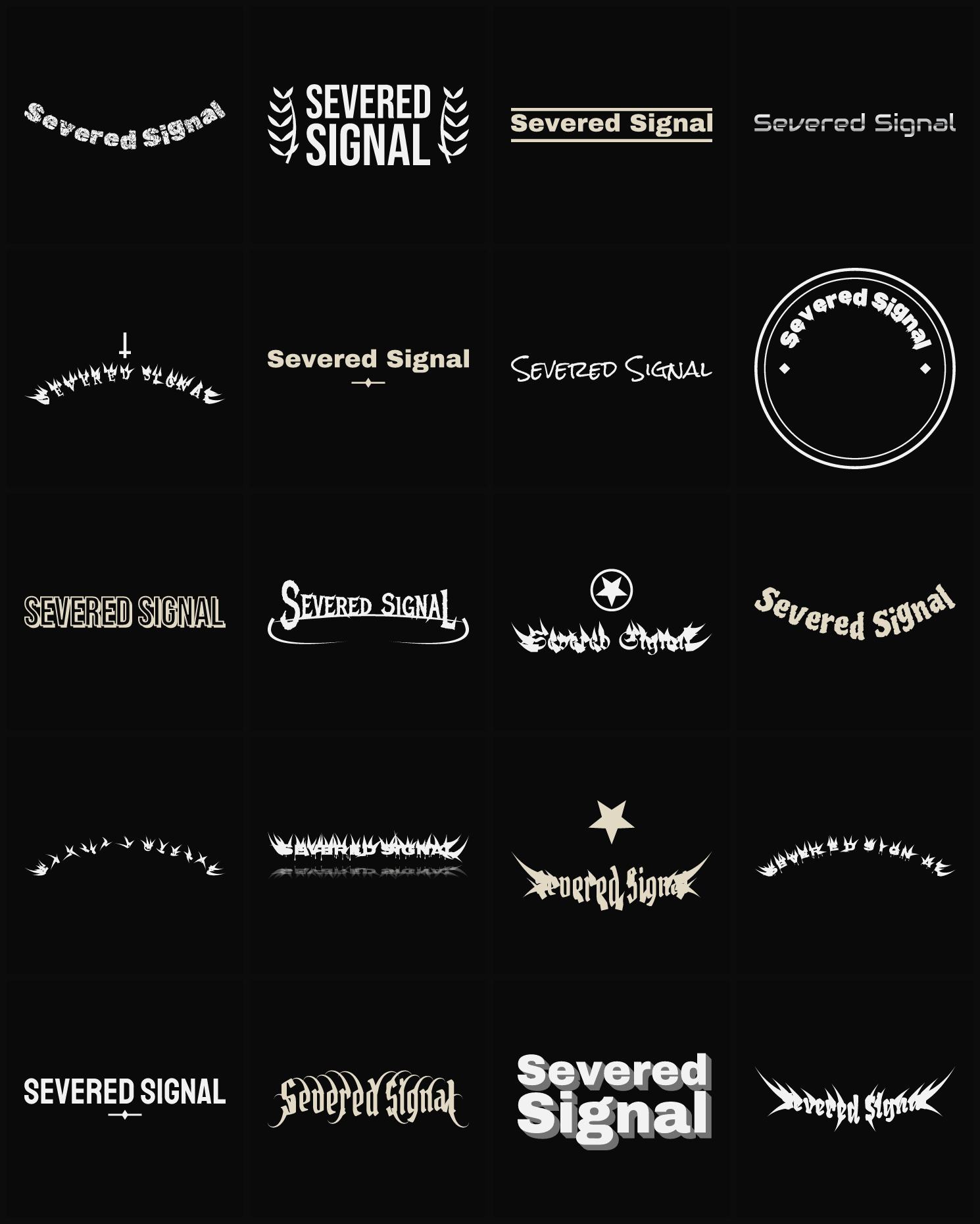 Twenty Severed Signal band logo ideas — different faces, treatments and spike settings