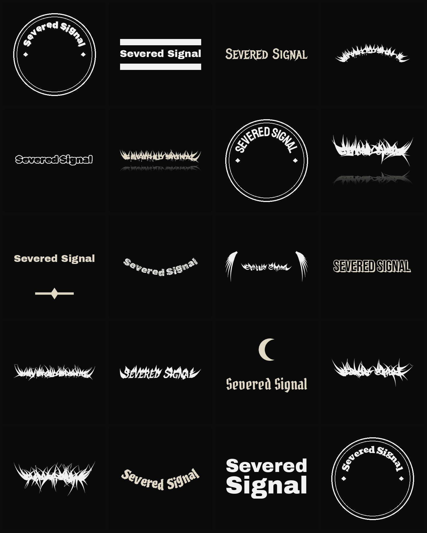 Twenty Severed Signal band logo ideas — different faces, treatments and spike settings