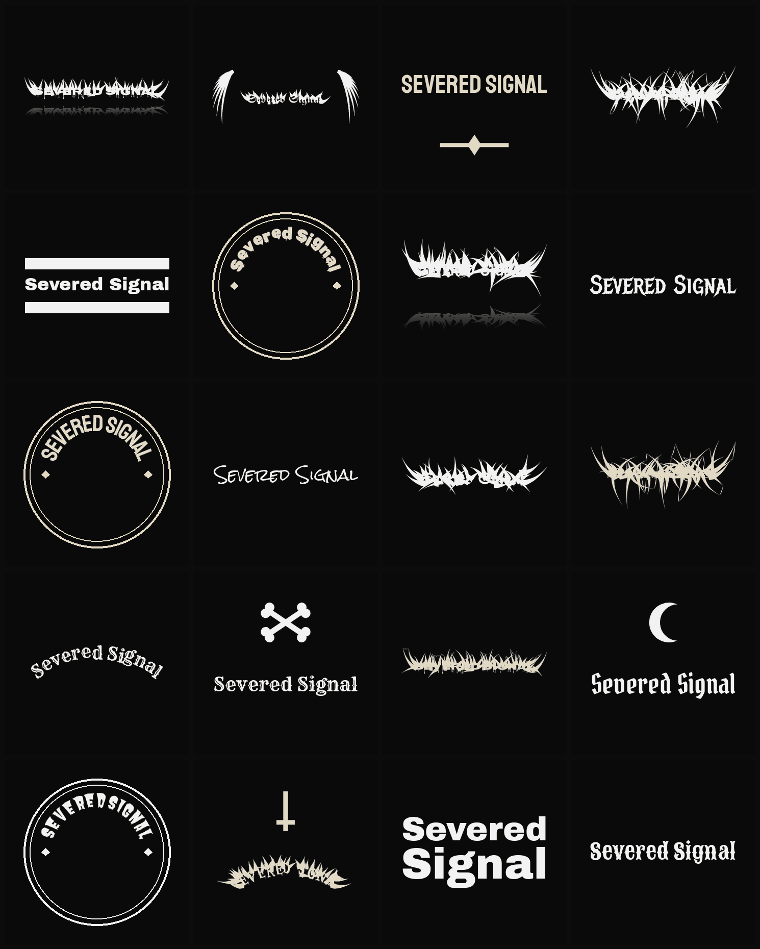 Twenty Severed Signal band logo ideas — different faces, treatments and spike settings