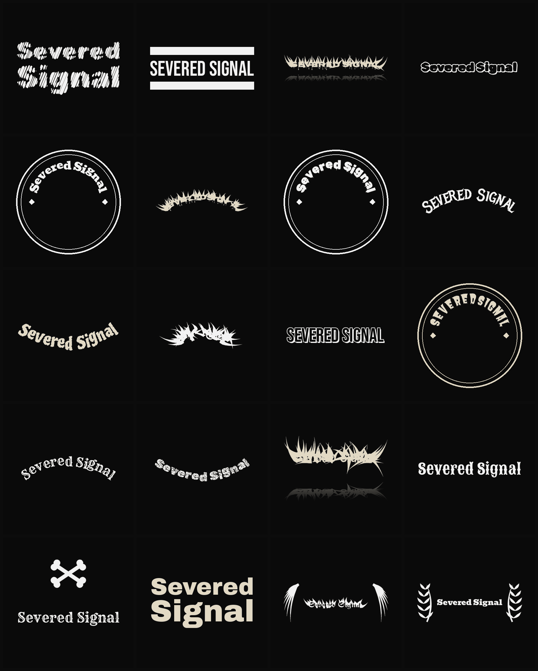 Twenty Severed Signal band logo ideas — different faces, treatments and spike settings
