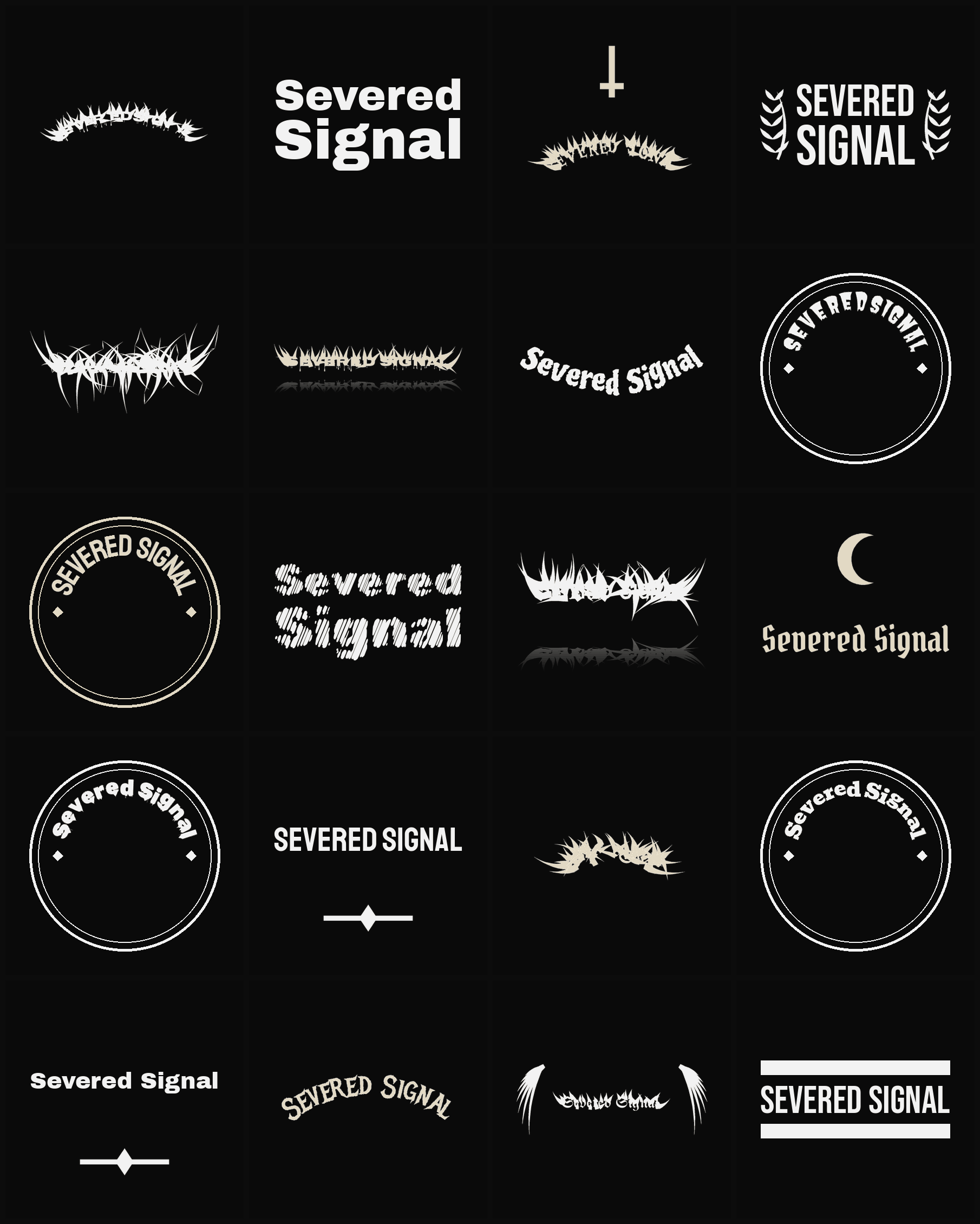 Twenty Severed Signal band logo ideas — different faces, treatments and spike settings