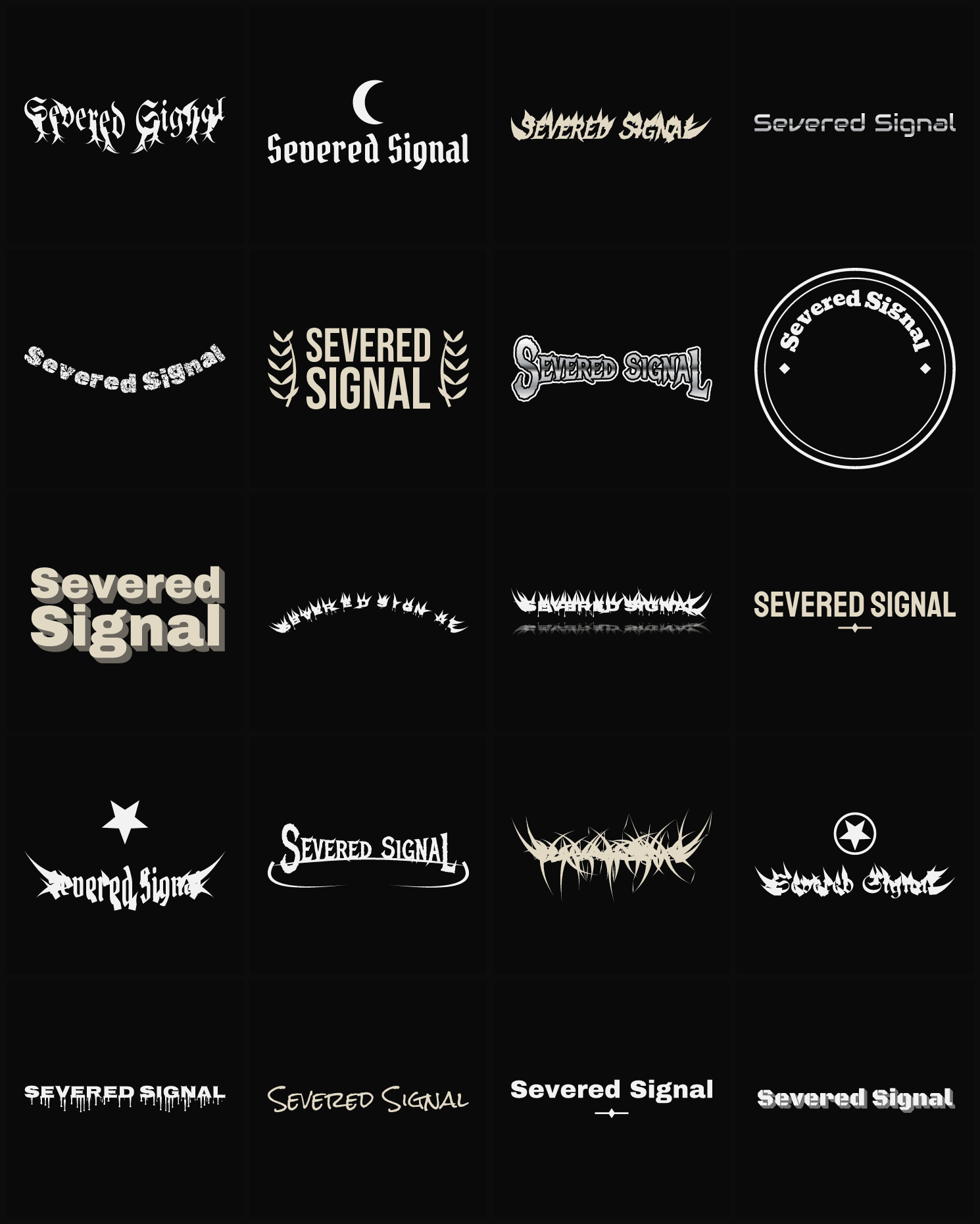 Twenty Severed Signal band logo ideas — different faces, treatments and spike settings
