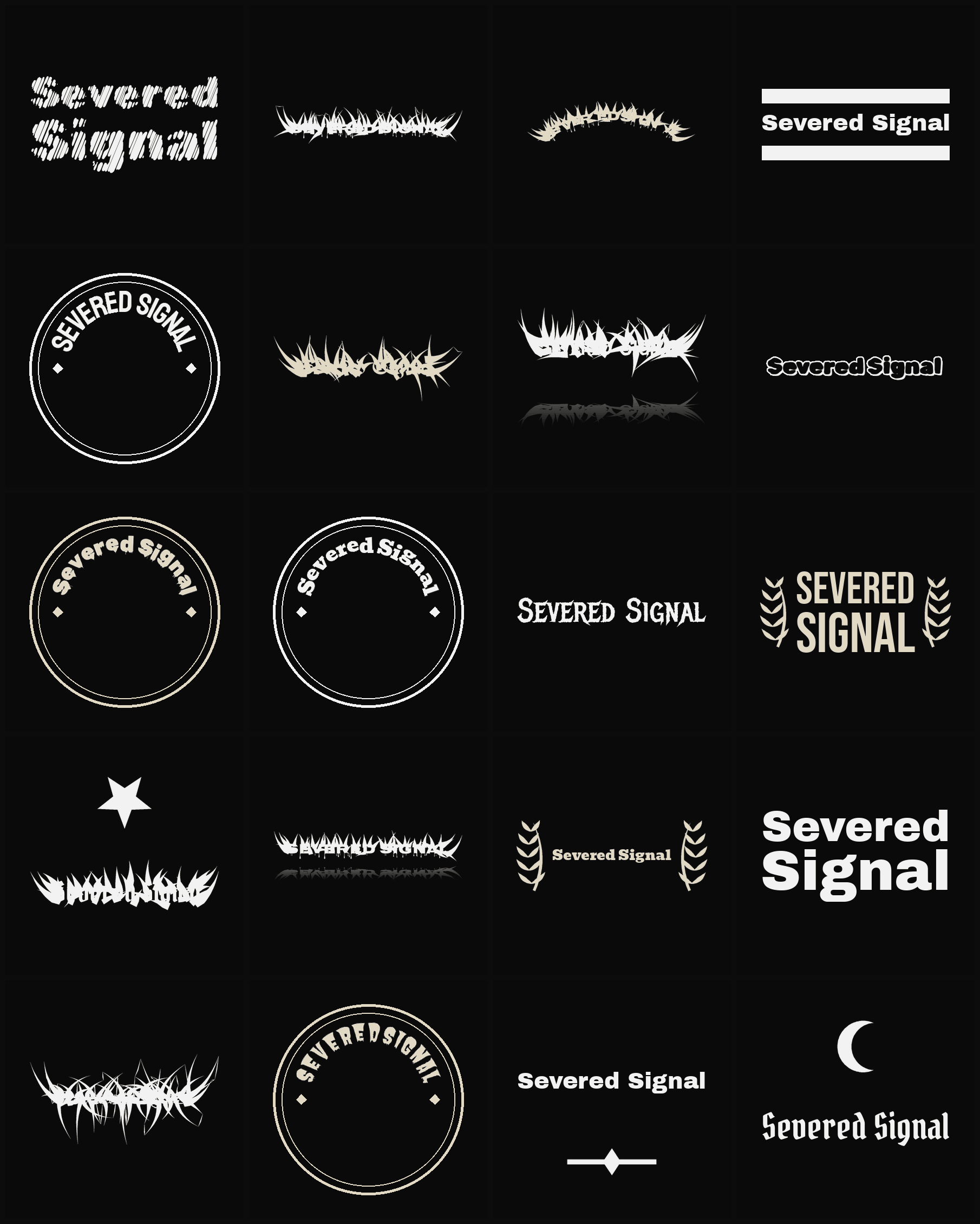 Twenty Severed Signal band logo ideas — different faces, treatments and spike settings