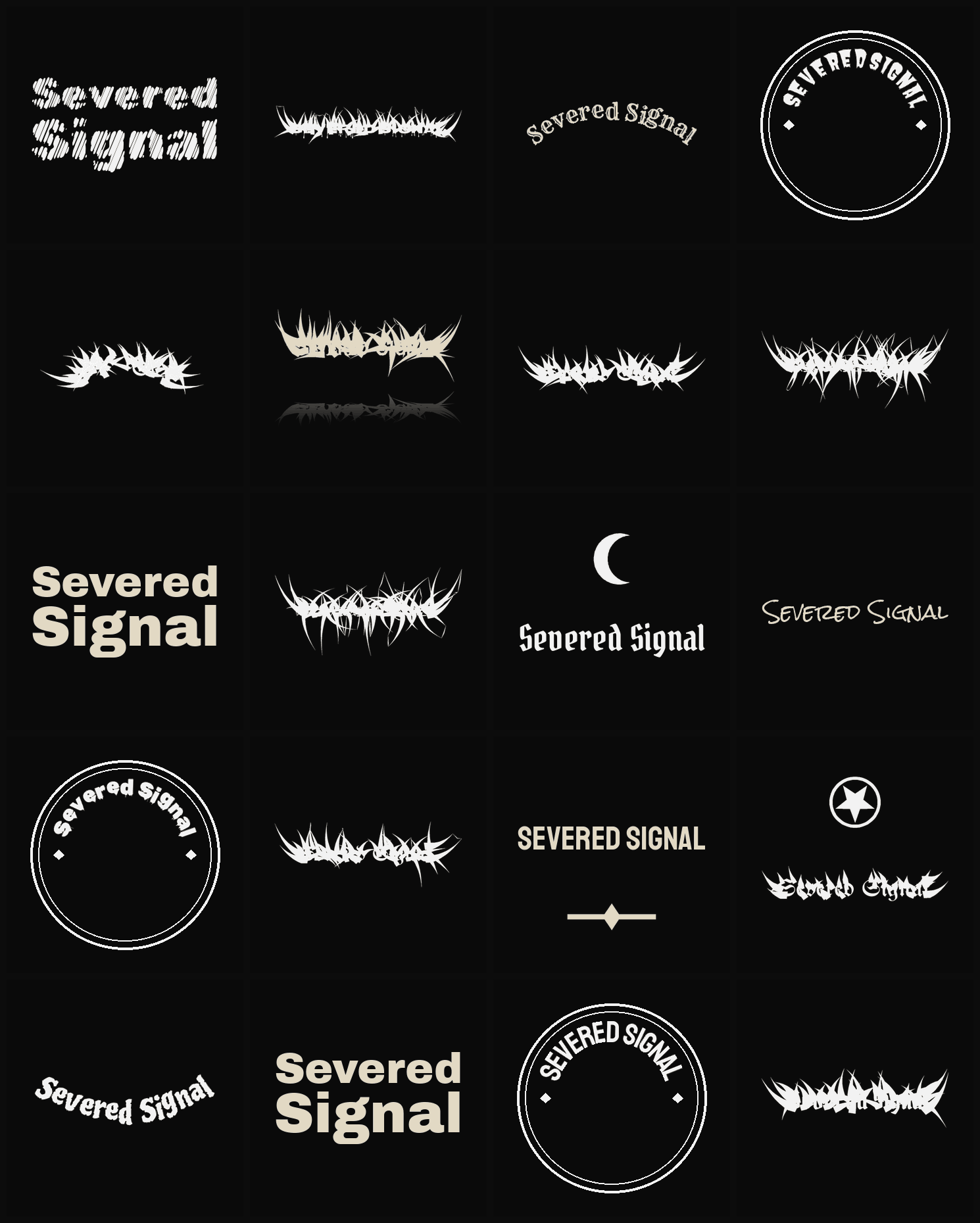 Twenty Severed Signal band logo ideas — different faces, treatments and spike settings