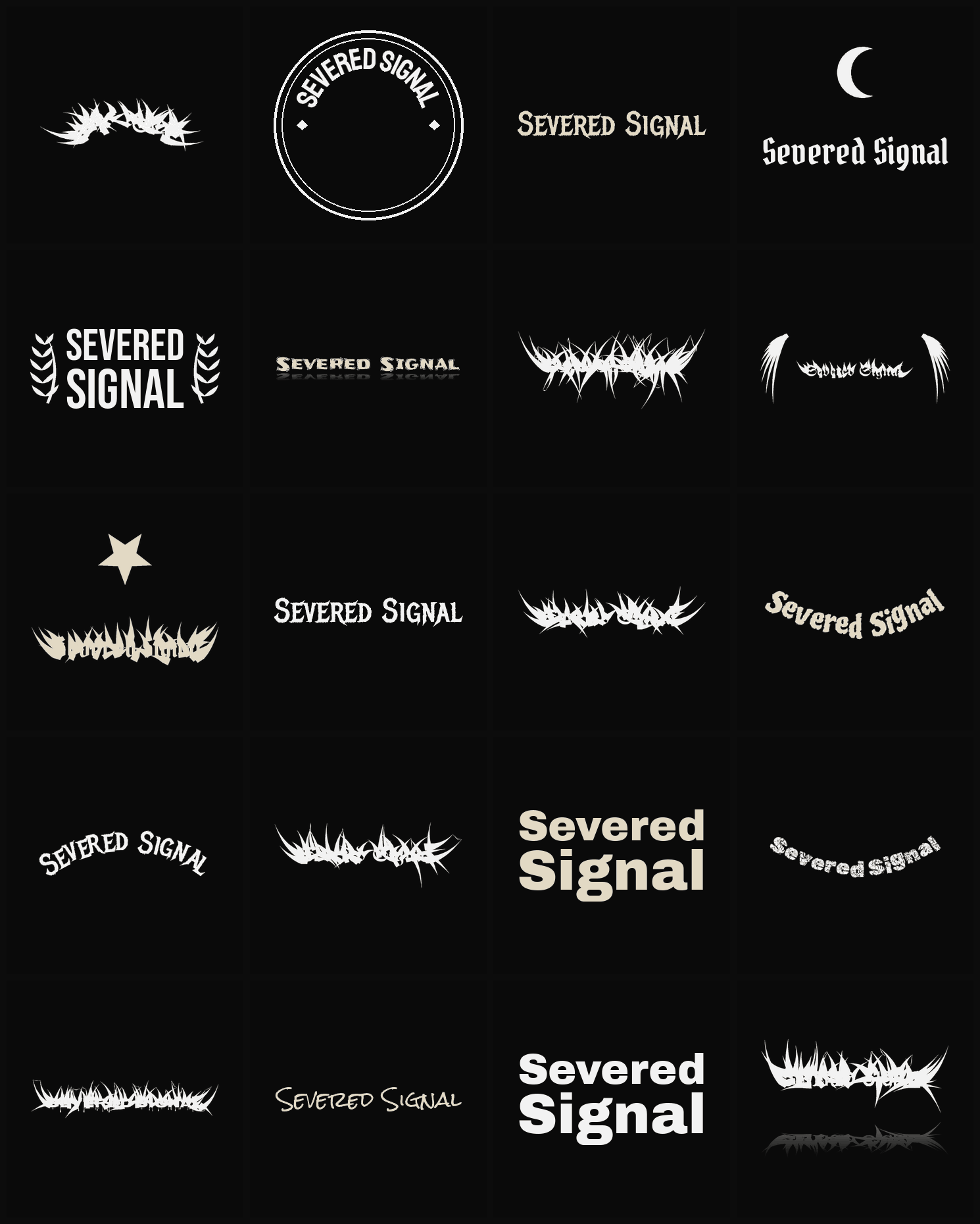 Twenty Severed Signal band logo ideas — different faces, treatments and spike settings