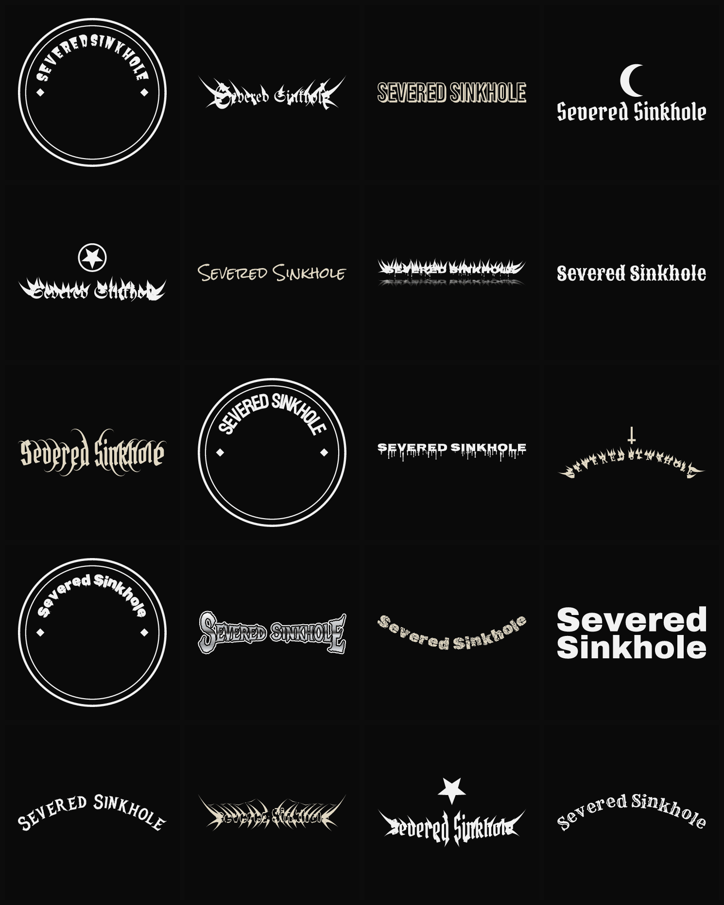 Twenty Severed Sinkhole band logo ideas — different faces, treatments and spike settings