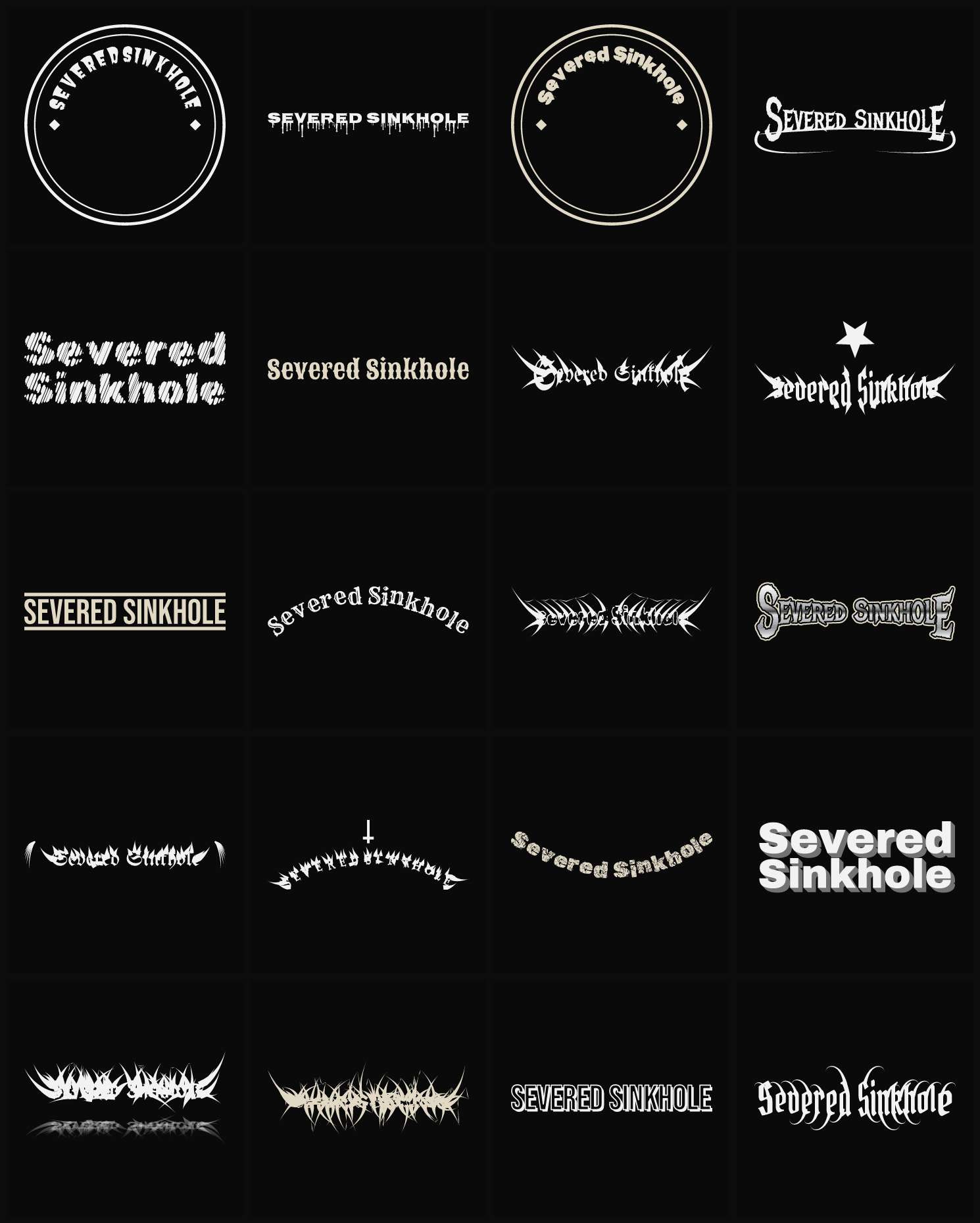Twenty Severed Sinkhole band logo ideas — different faces, treatments and spike settings