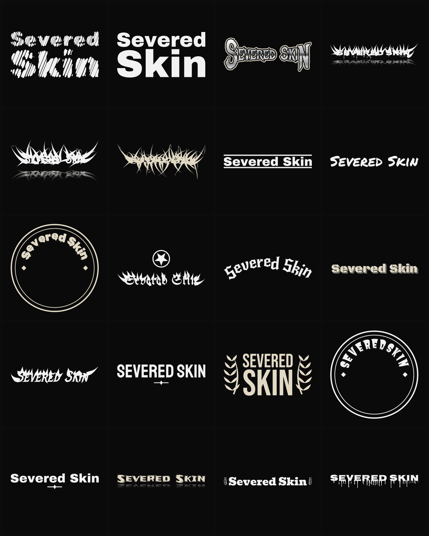 Twenty Severed Skin band logo ideas — different faces, treatments and spike settings