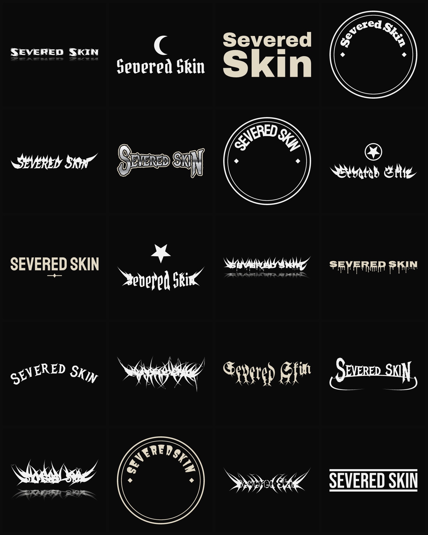 Twenty Severed Skin band logo ideas — different faces, treatments and spike settings