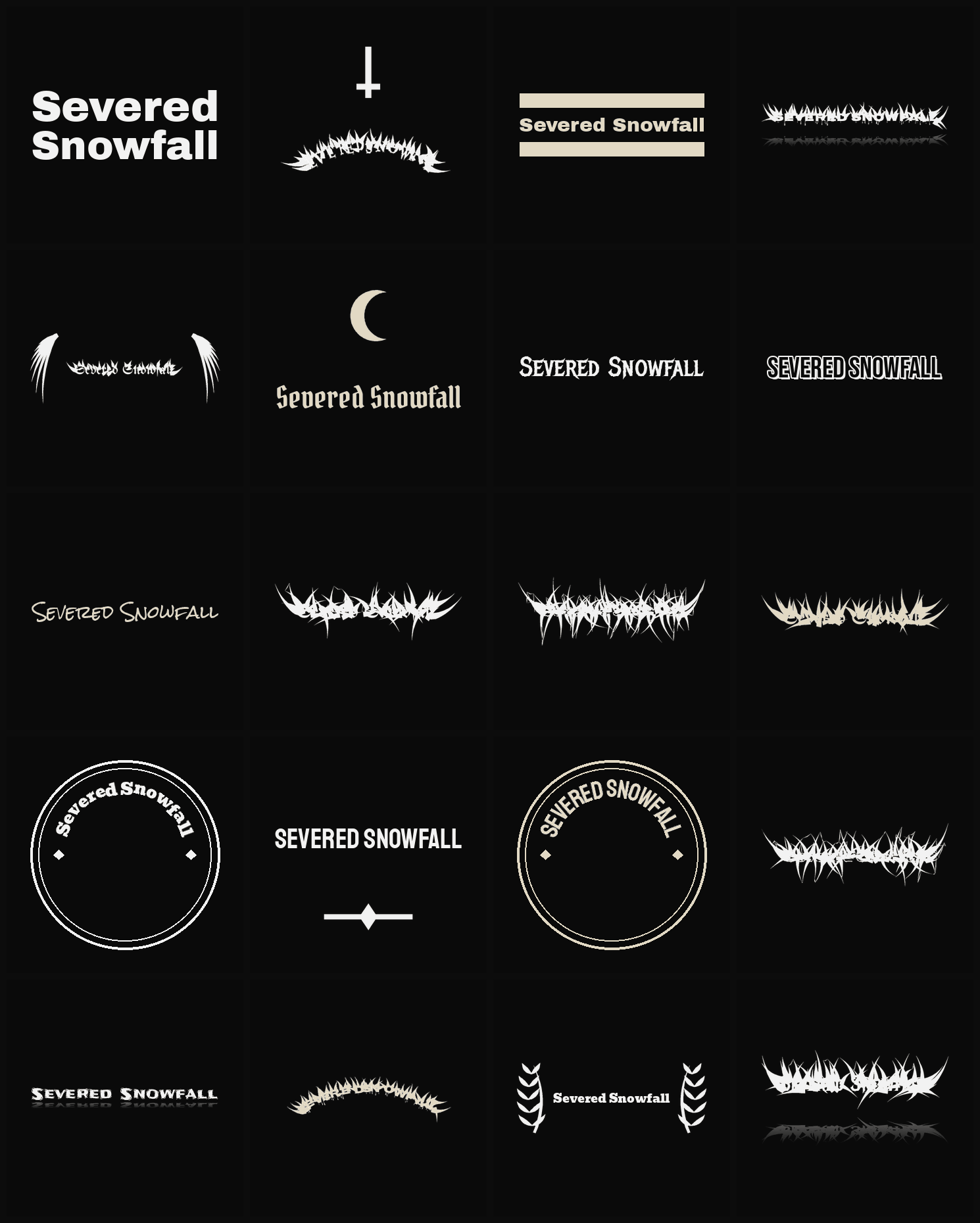 Twenty Severed Snowfall band logo ideas — different faces, treatments and spike settings