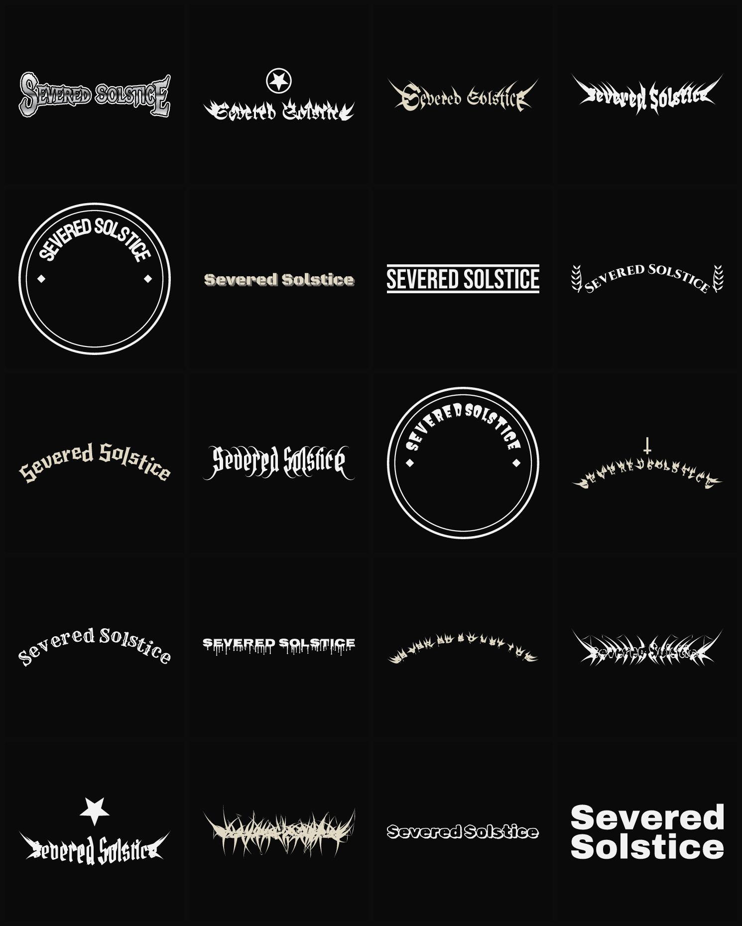 Twenty Severed Solstice band logo ideas — different faces, treatments and spike settings