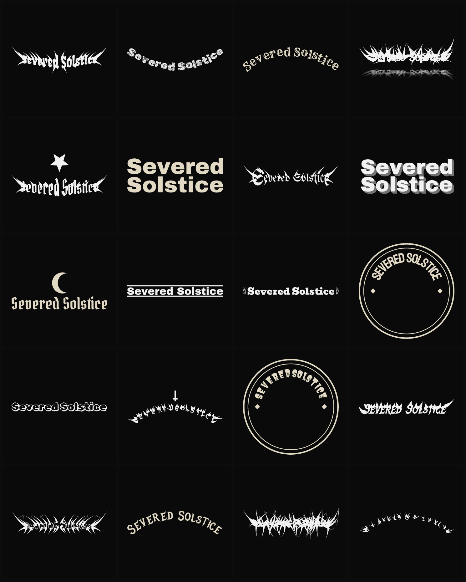 Twenty Severed Solstice band logo ideas — different faces, treatments and spike settings