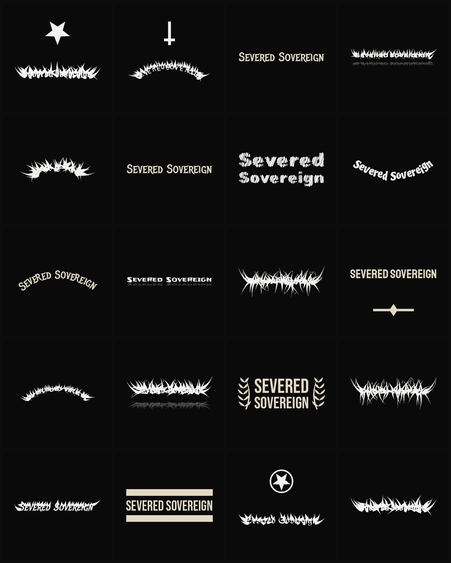 Twenty Severed Sovereign band logo ideas — different faces, treatments and spike settings
