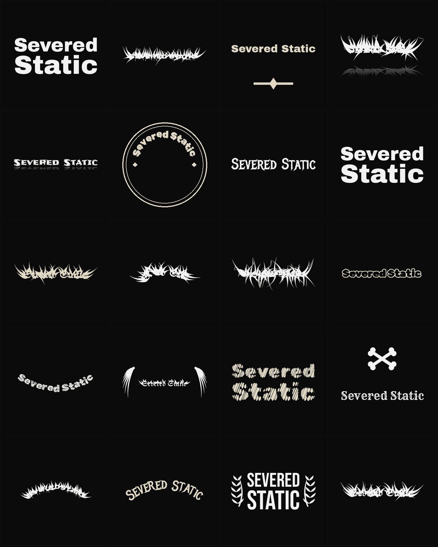Twenty Severed Static band logo ideas — different faces, treatments and spike settings