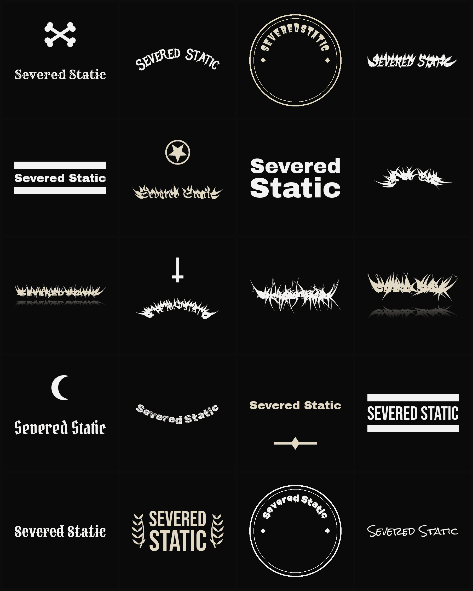 Twenty Severed Static band logo ideas — different faces, treatments and spike settings