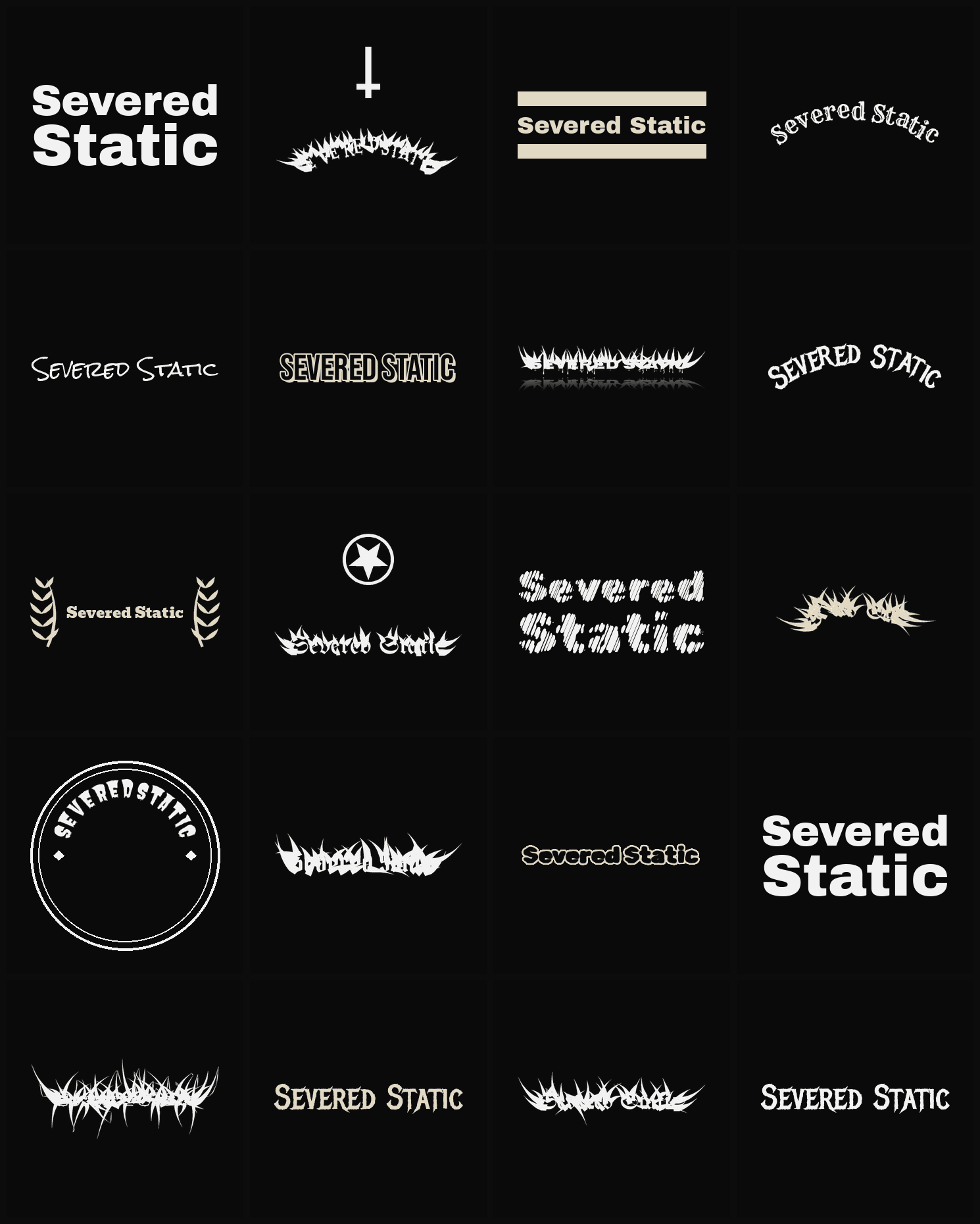 Twenty Severed Static band logo ideas — different faces, treatments and spike settings