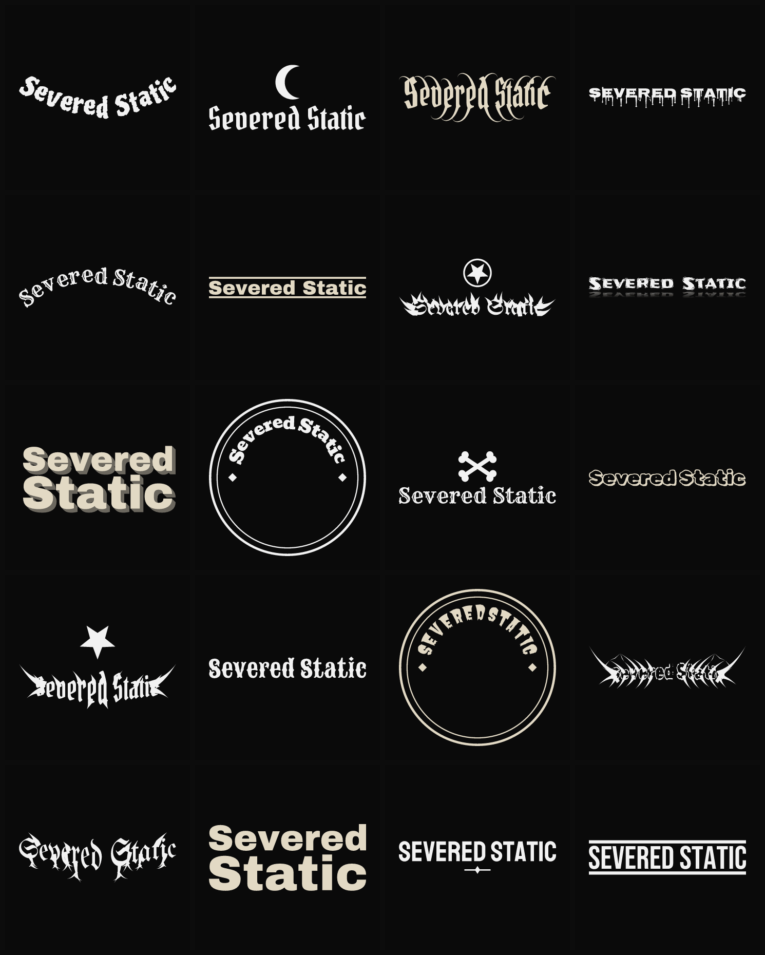 Twenty Severed Static band logo ideas — different faces, treatments and spike settings