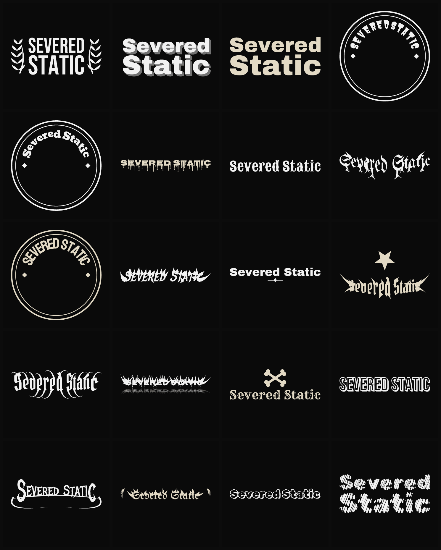 Twenty Severed Static band logo ideas — different faces, treatments and spike settings