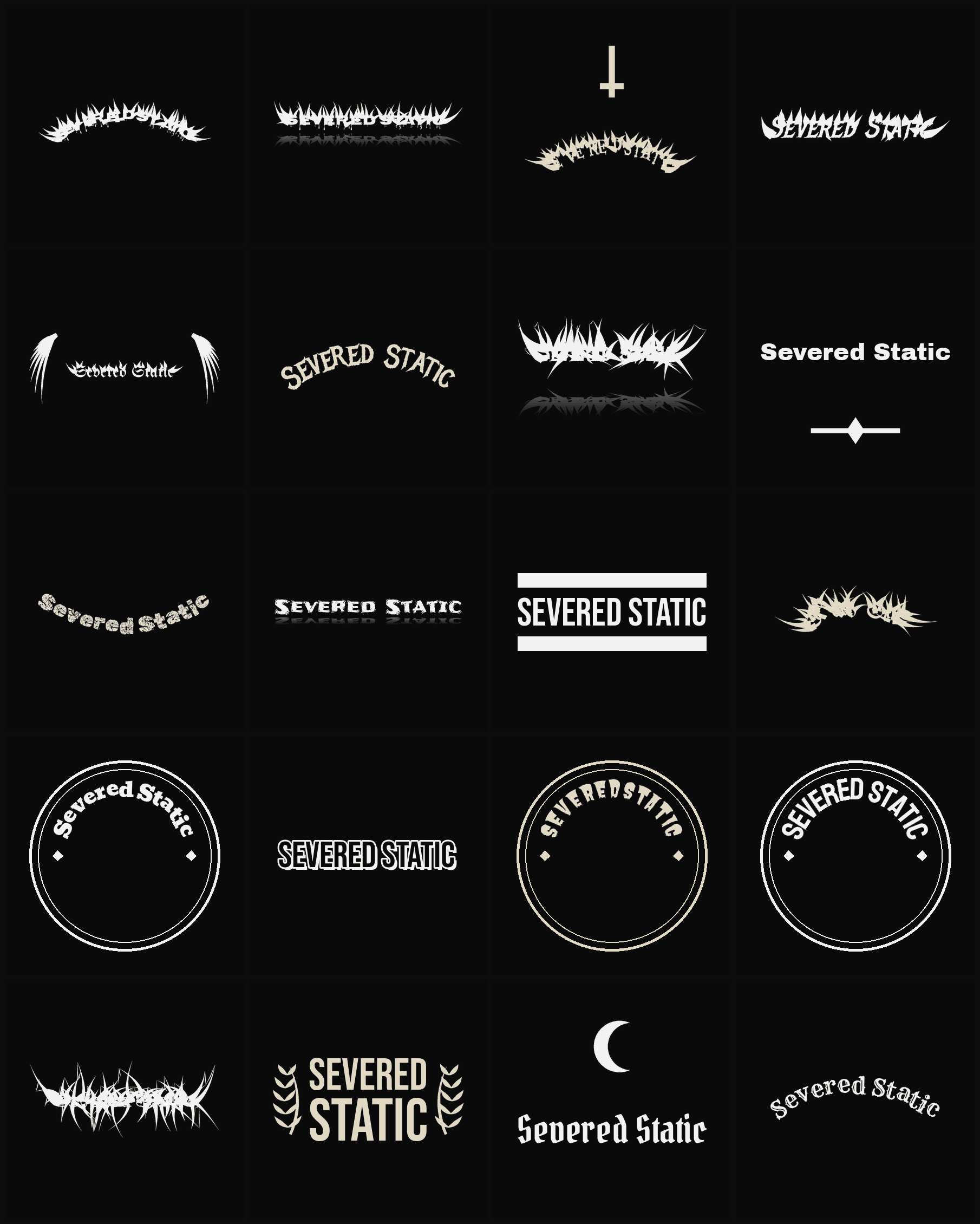 Twenty Severed Static band logo ideas — different faces, treatments and spike settings
