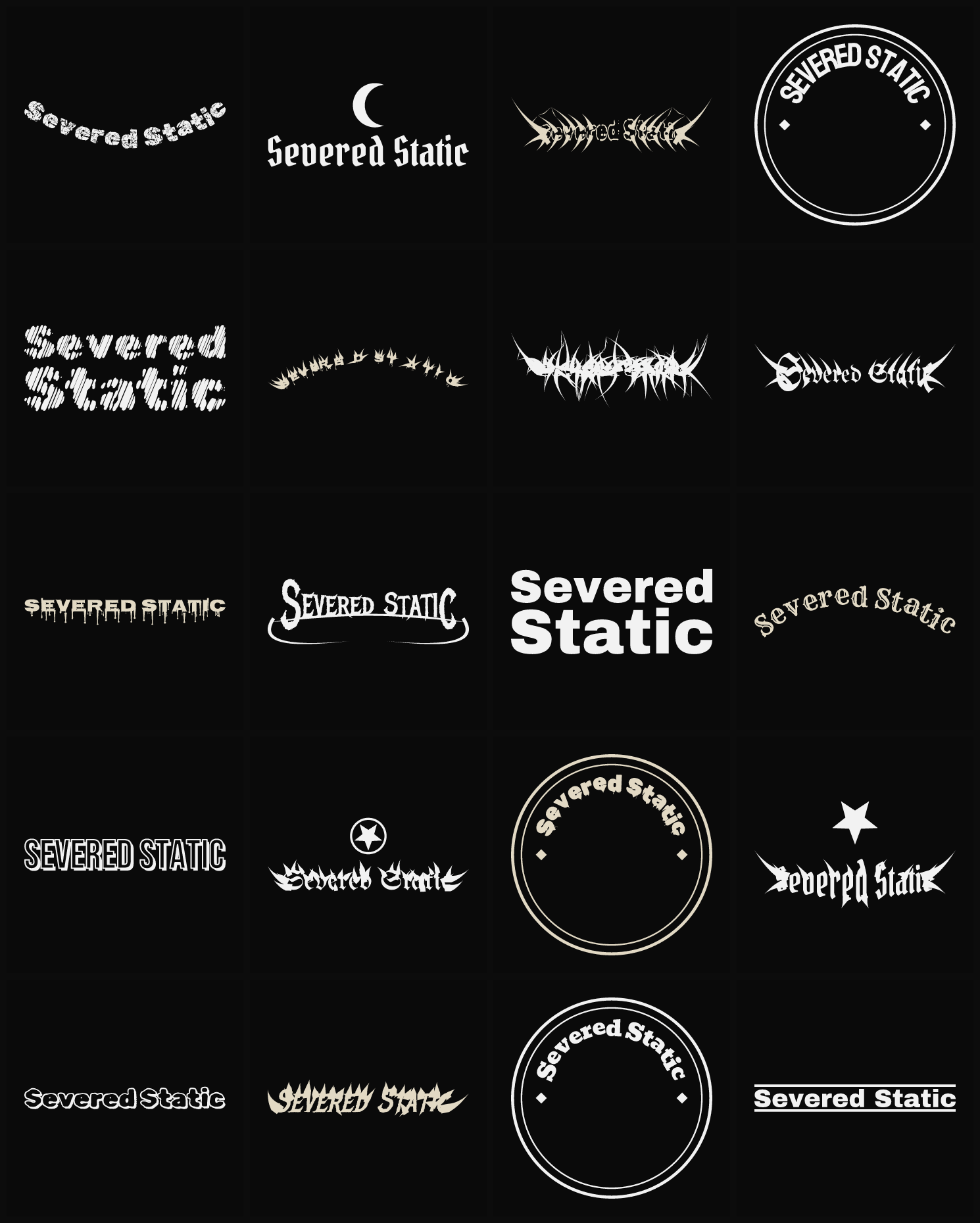Twenty Severed Static band logo ideas — different faces, treatments and spike settings