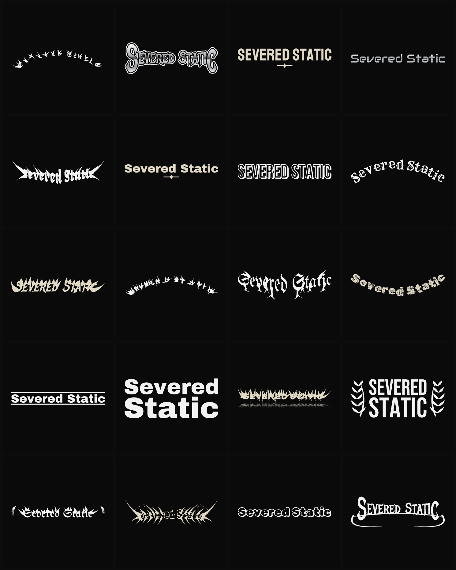 Twenty Severed Static band logo ideas — different faces, treatments and spike settings