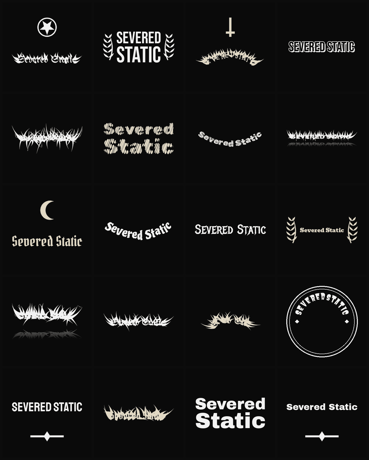 Twenty Severed Static band logo ideas — different faces, treatments and spike settings