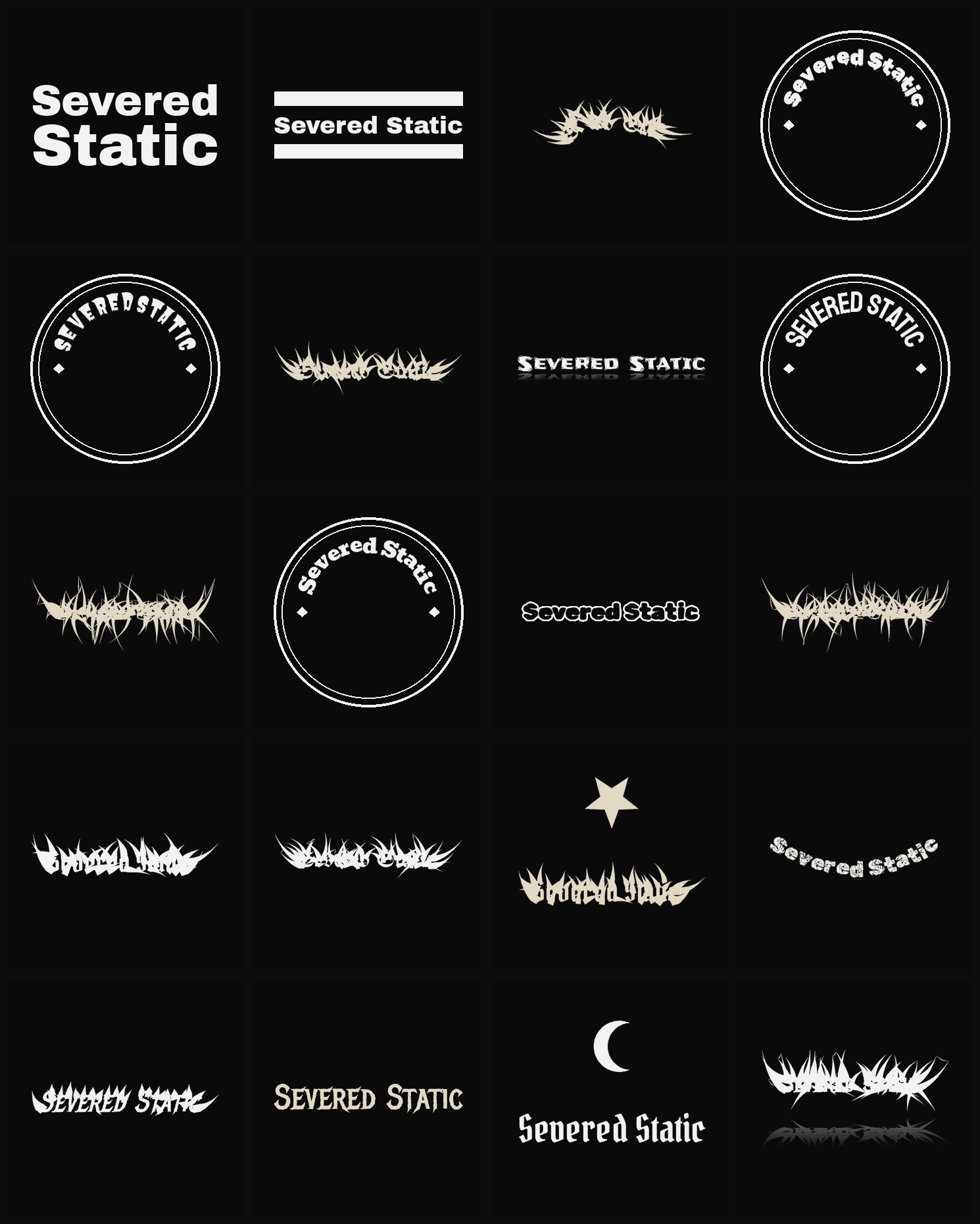 Twenty Severed Static band logo ideas — different faces, treatments and spike settings