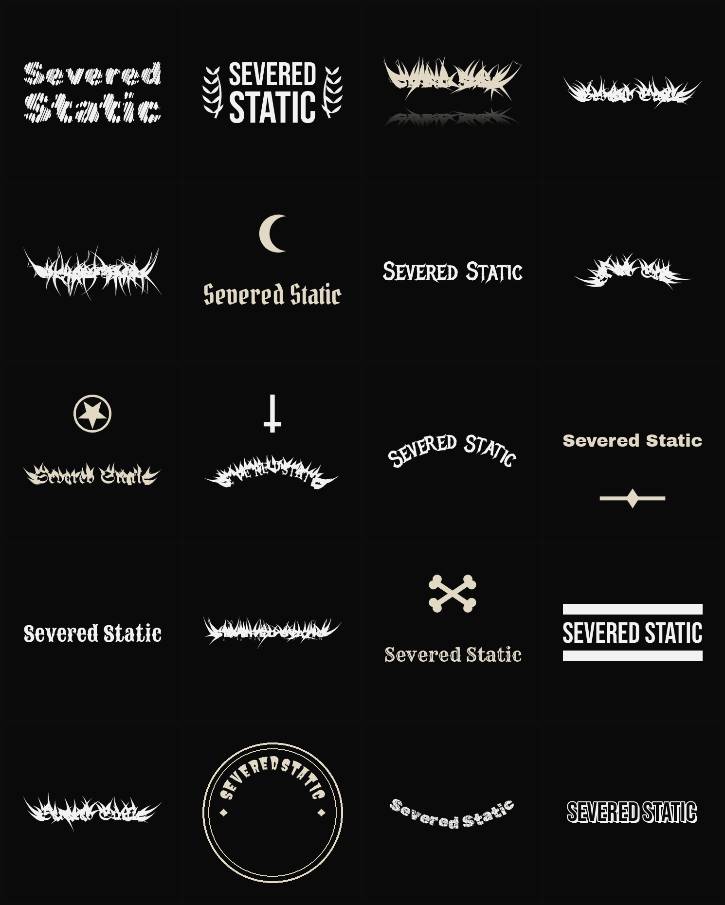 Twenty Severed Static band logo ideas — different faces, treatments and spike settings