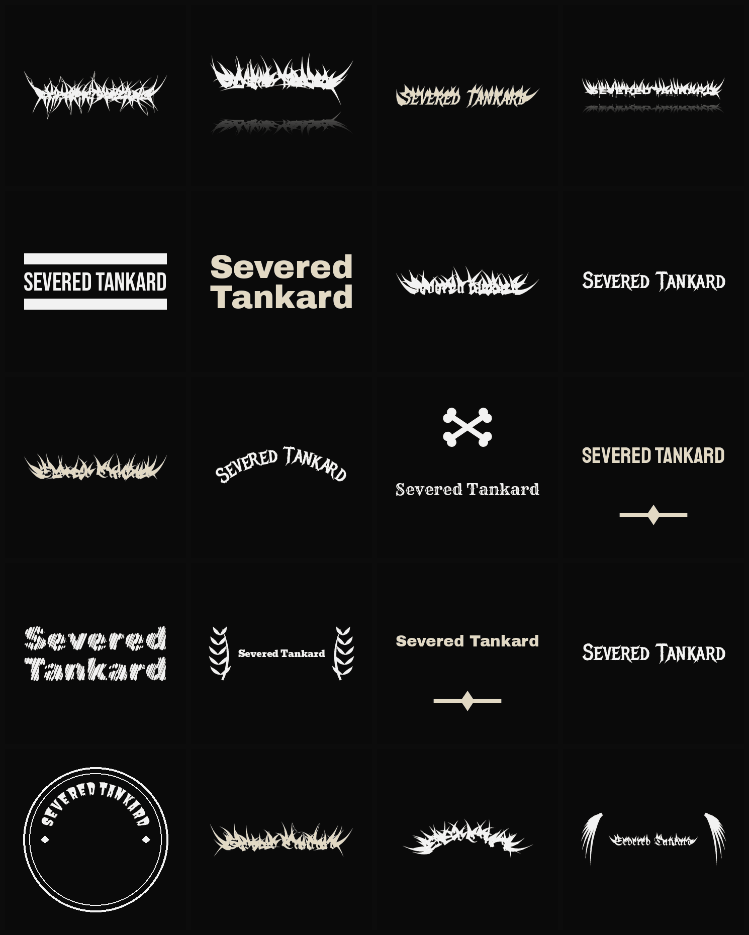 Twenty Severed Tankard band logo ideas — different faces, treatments and spike settings